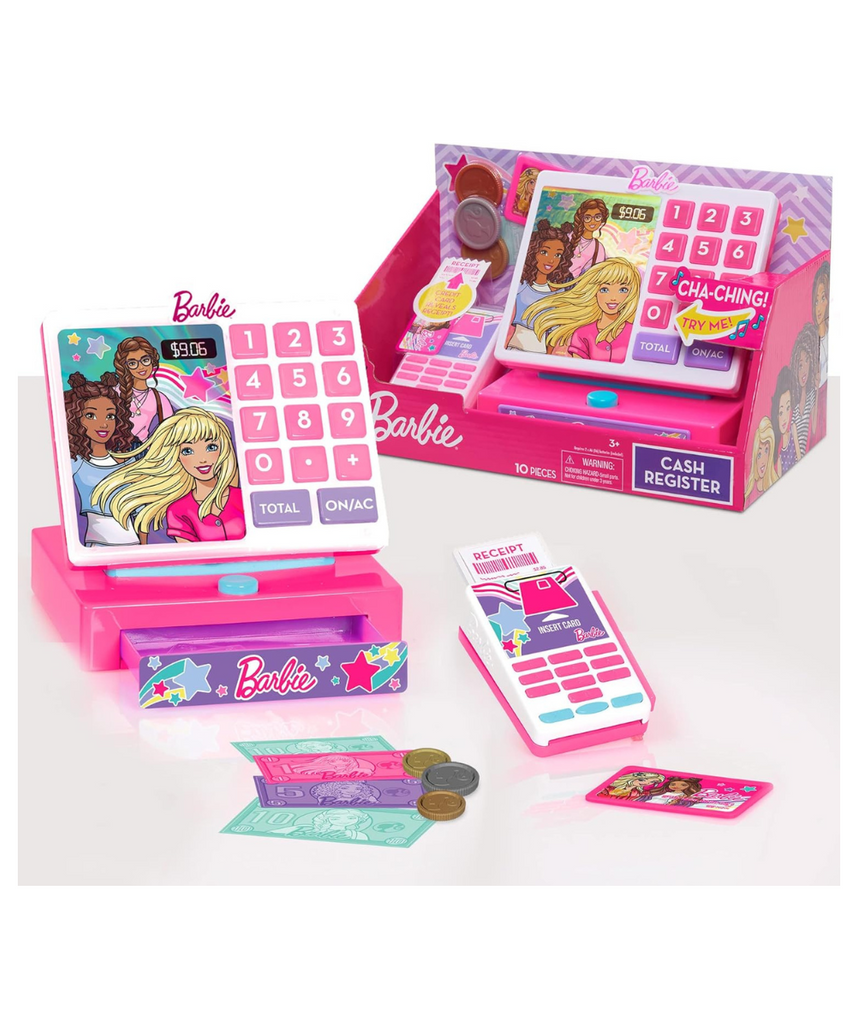 ماكينة تسجيل المدفوعات النقدية العصرية من باربي مع أصوات، وقارئ نقود وبطاقات ائتمان، ولعبة متجر لعب الأدوار للبنات، للأطفال من سن 3 سنوات فما فوق، وماكينات تسجيل المدفوعات النقدية