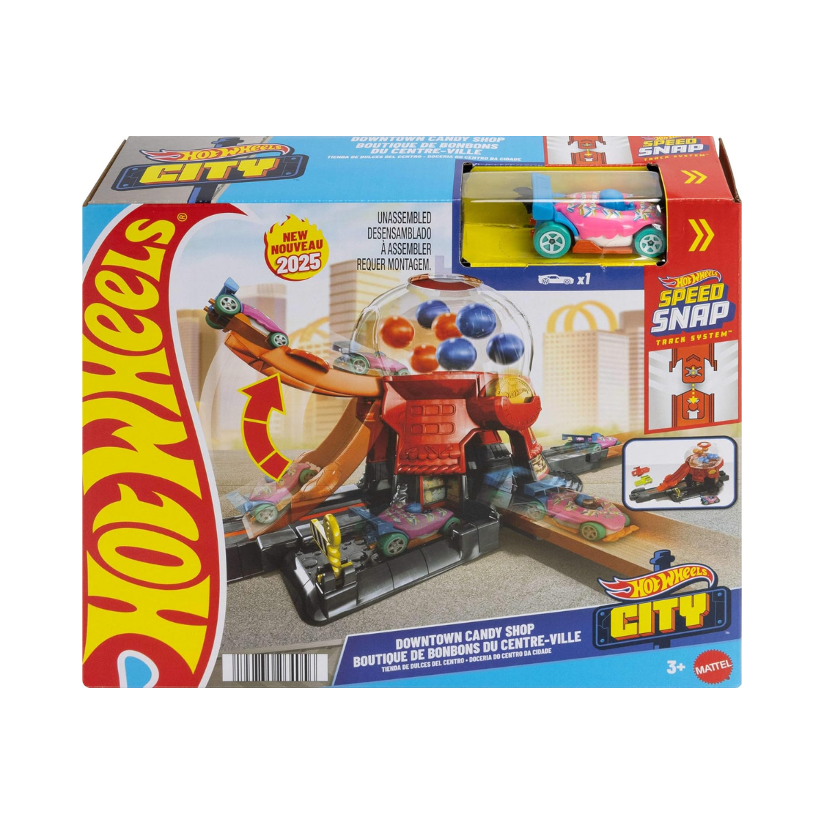Hot Wheels City Downtown Candy Shop Playset 1:64 Scale Vehicle Track Set with Gravity Ramp, Interactive City Play, 3+