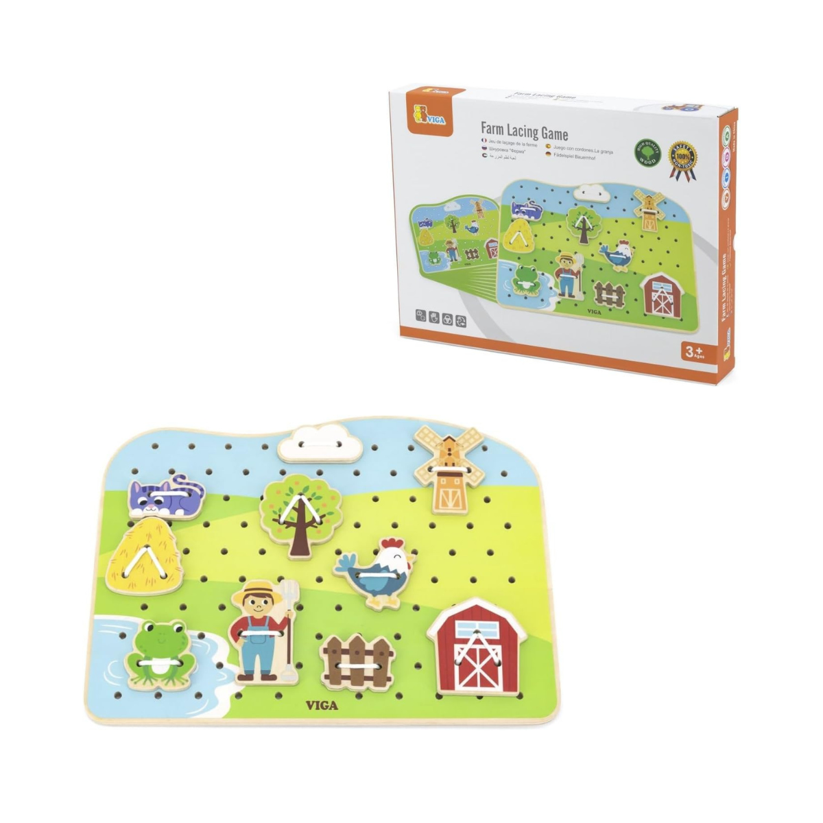 Viga Wooden Farm Lacing Game Set, Educational Wooden Threading Toy with 20 Lacing Plates, 3 Threads and 10 Pattern Cards, Fine Motor Skills Activity for Kids, Ages 2+