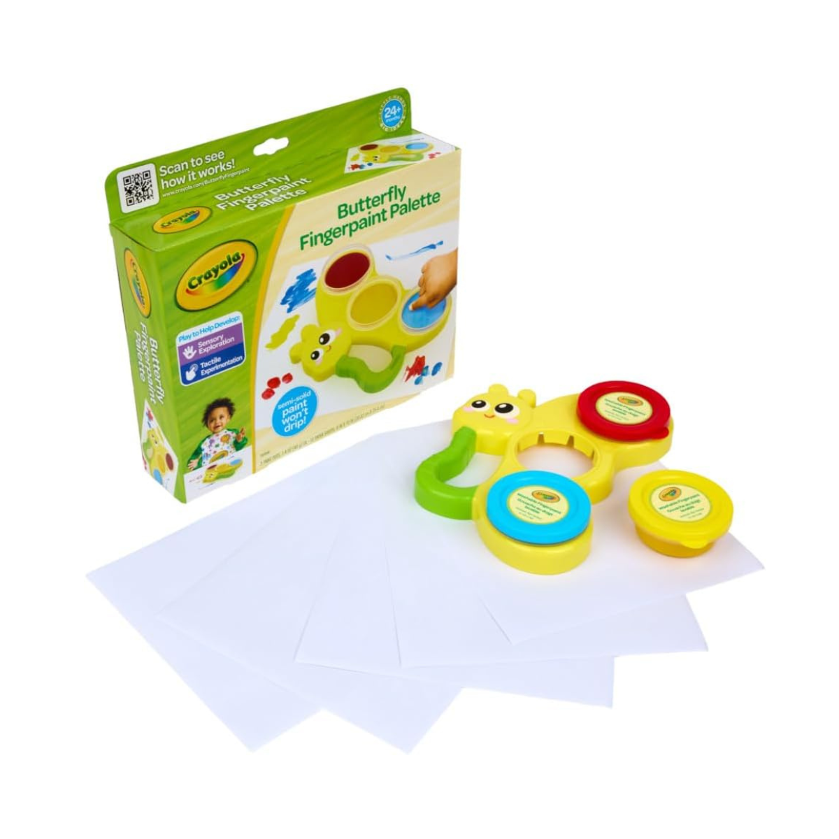 Crayola Butterfly Fingerpaint Palette – Toddler Art Set with 3 Washable Paint Pots & 10 Large Sheets | Mess-Free Sensory Painting Kit for Kids, Creative Gift for Ages 2+