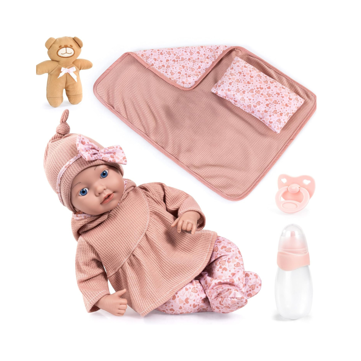 Bayer Design 93827AO Reborn Baby Doll 38 cm Realistic Lifelike with Bottle Dummy Blanket Pillow Teddy Gift for Girls and Boys