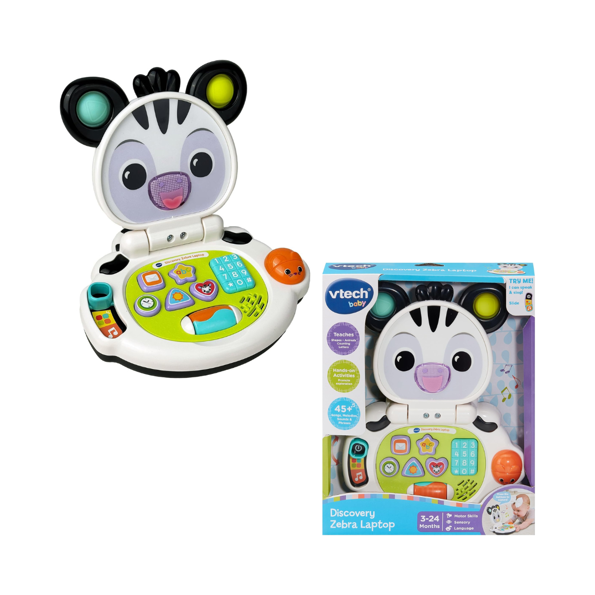 VTech Baby Discovery Zebra Laptop Interactive Baby Toy with Lights Music Letters Numbers 2 Modes Motor Skills Development Gift for 3 6 9 12 Months + English Version