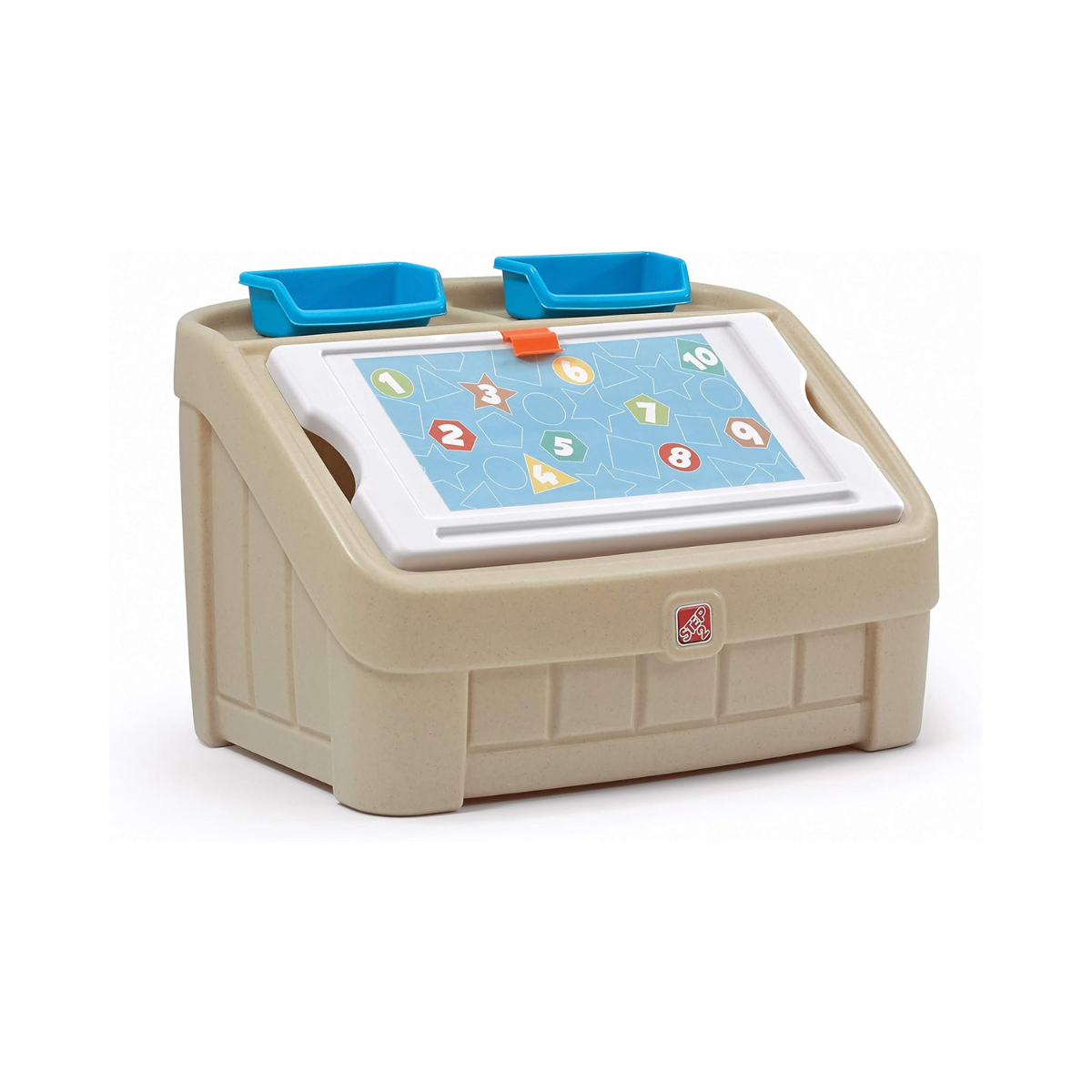 Step2 2-in-1 Toy Box with Art Lid, Kids Storage Chest with Portable Drawing Board, Tan, 4.5 Cubic Feet Storage