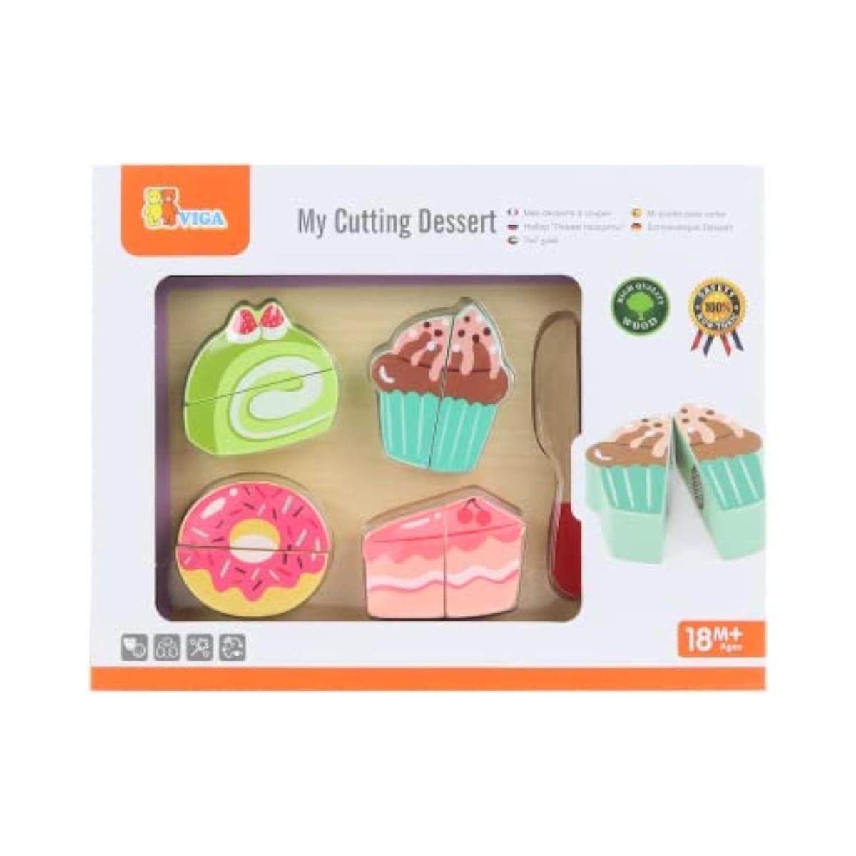 Viga My Cutting Dessert Wooden Play Food Set, Pretend Cake Cutting Toy with Wooden Knife and Tray, Role Play Kitchen Toy for Kids, Ages 18 Months+