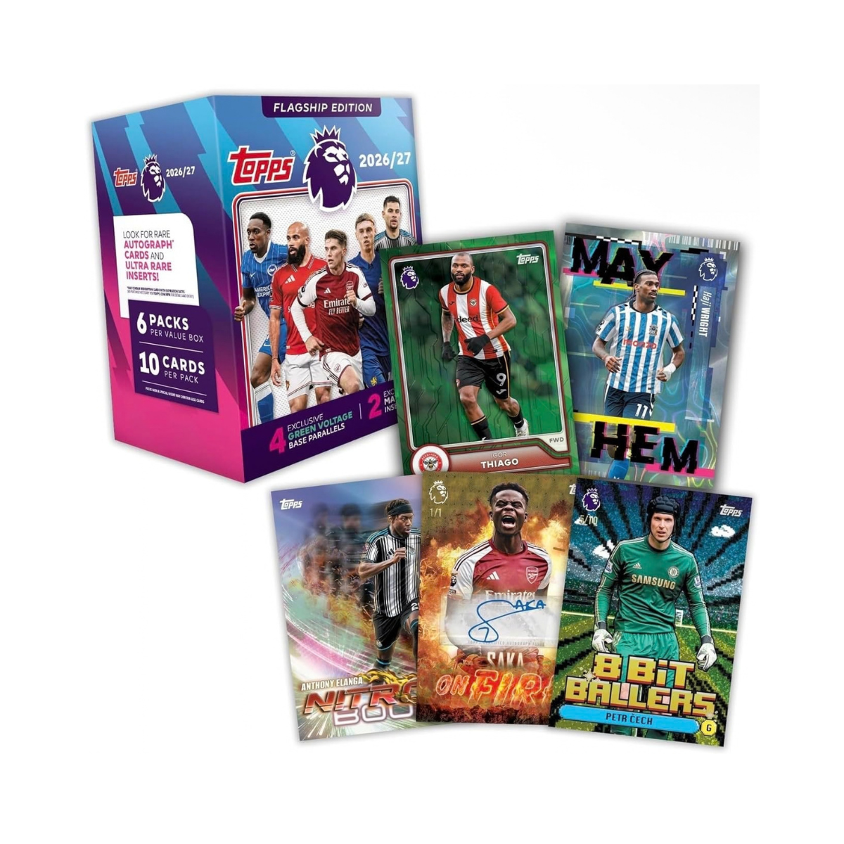 Topps Premier League Trading Cards 2026/27 Value Box, 60 Cards with 4 Green Voltage Parallels and 2 Exclusive Mayhem Inserts, Football Trading Card Collection, Officially Licensed Premier League Merchandise, 6+ Years