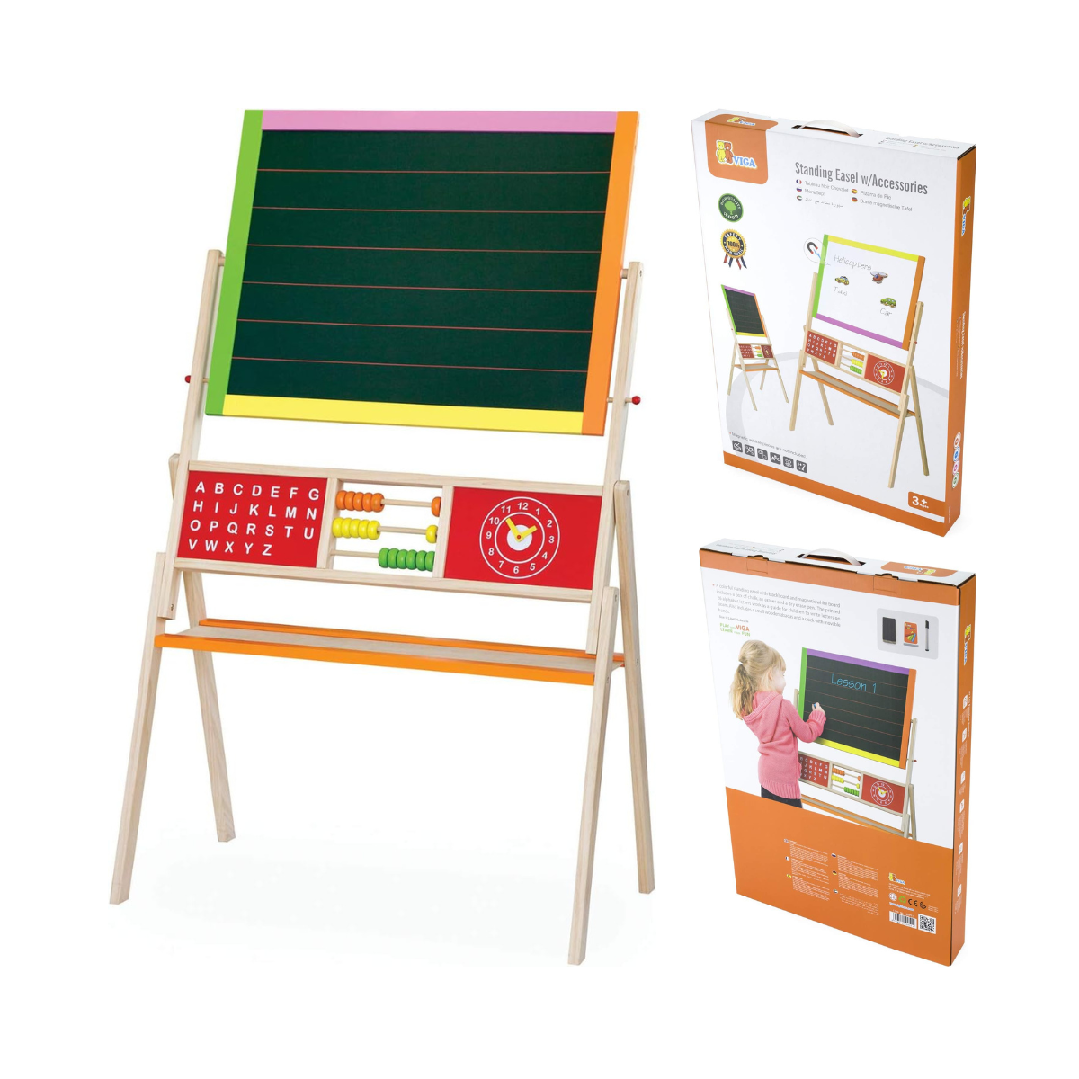 VIGA Wooden Educational 2-in-1 Standing Easel with Abacus, Double-Sided Floor Easel for Drawing, Writing, Alphabet and Math Learning, Wooden Learning Toy for Kids, Ages 3+