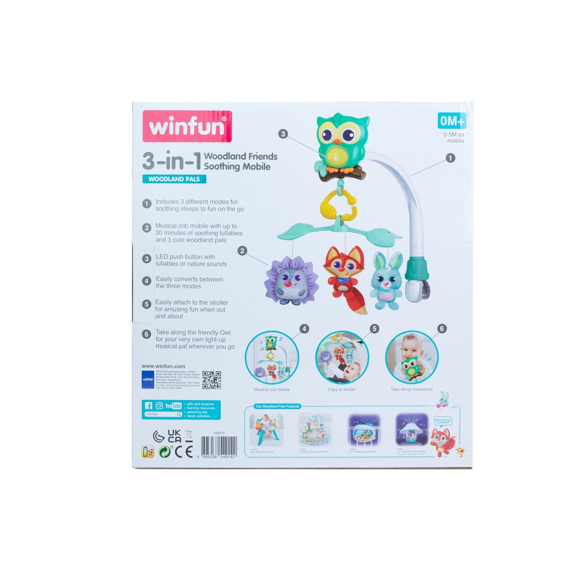 Winfun 3-in-1 Woodland Friends Soothing Mobile, Musical Crib Mobile, Stroller Toy & Light-Up Owl Pal for Babies 0+ Months