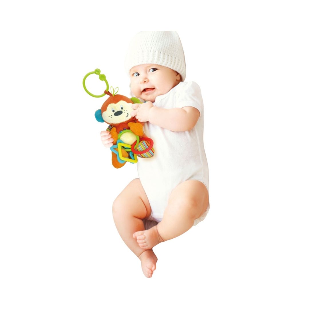 Winfun Cheeky Chimp Rattle with Rings, Colorful Soft Baby Rattle Toy with Crinkle and Chime, Easy Grasp Developmental Sensory Learning Toy for Infants 0+ Months