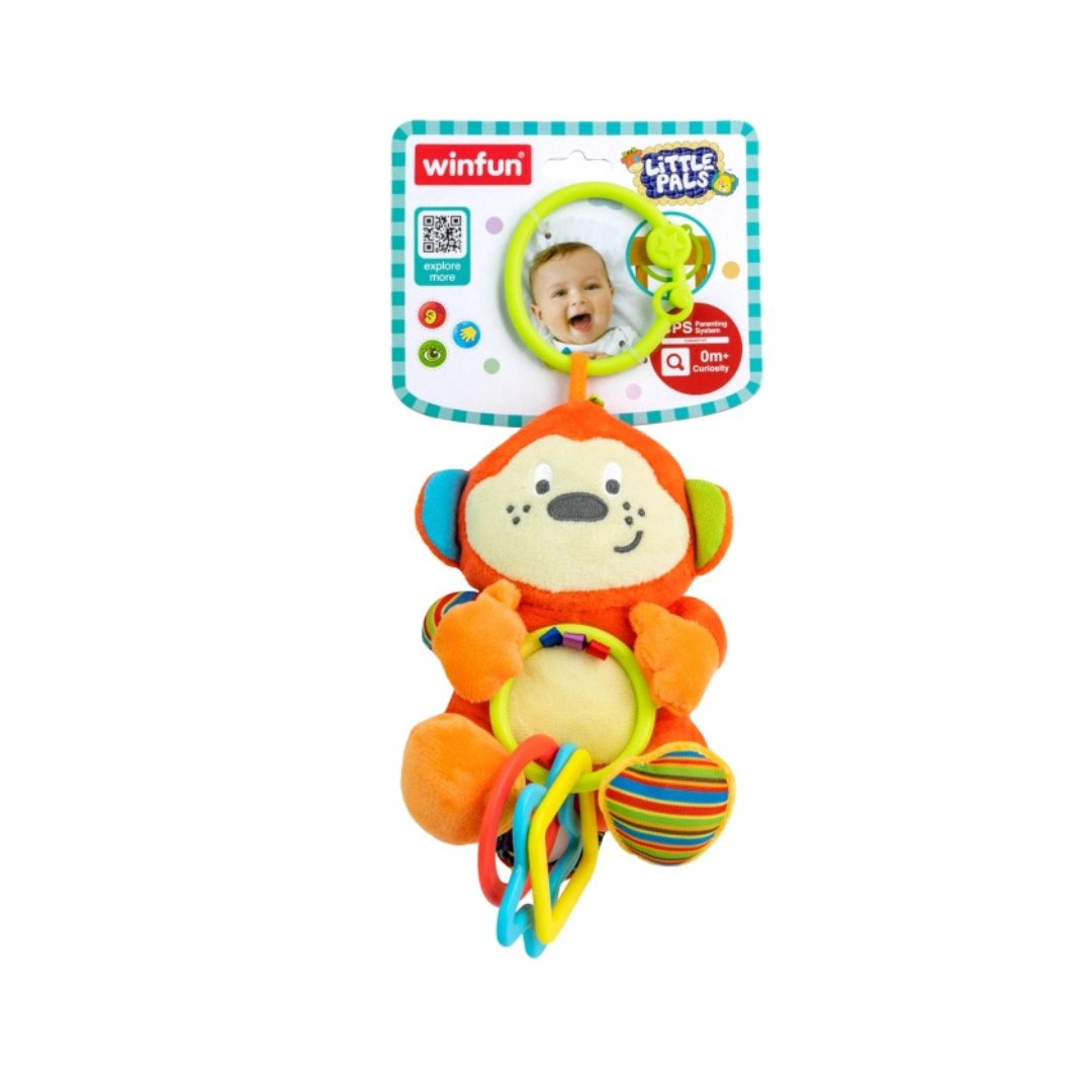 Winfun Cheeky Chimp Rattle with Rings, Colorful Soft Baby Rattle Toy with Crinkle and Chime, Easy Grasp Developmental Sensory Learning Toy for Infants 0+ Months