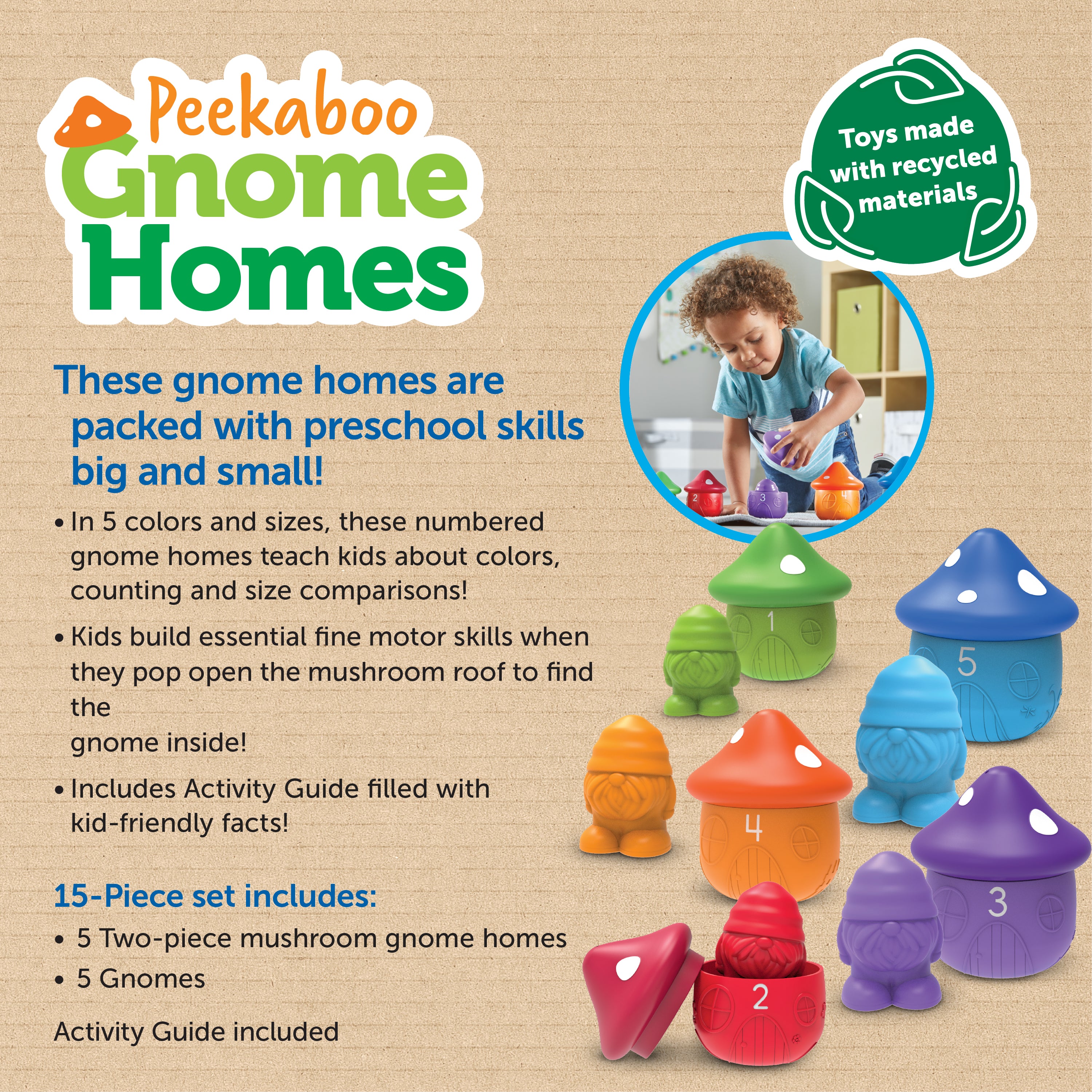 مجموعة ألعاب Peekaboo Gnome Homes، للتلوين والعد وتنمية المهارات الحركية الدقيقة، مع 5 تماثيل قزم ومنازل من فطر عيش الغراب، لعبة تعليمية مستدامة للأطفال الصغار من عمر 18 شهرًا فما فوق