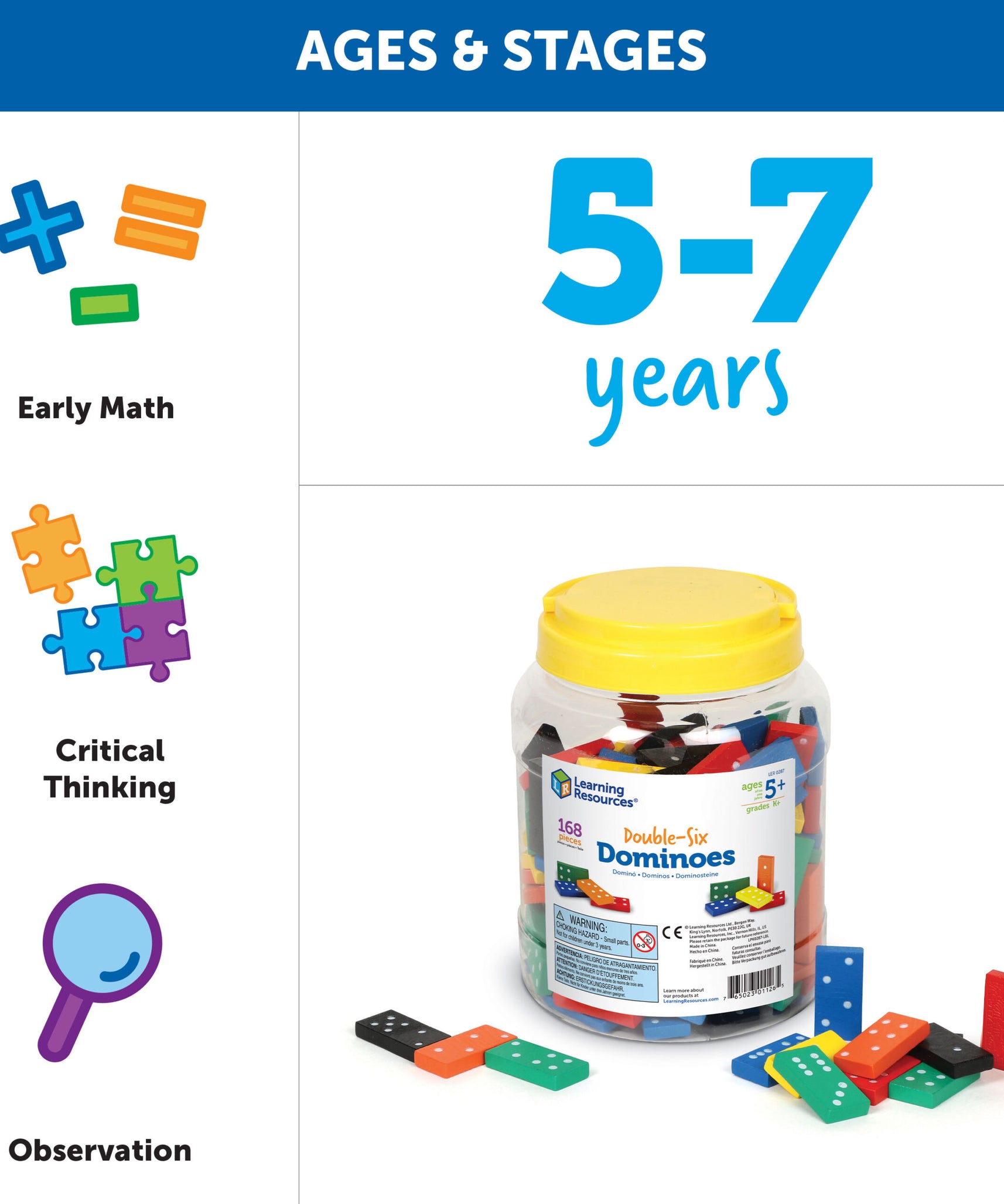مجموعة دومينو خشبية مزدوجة الستة من Learning Resources، مكونة من 168 قطعة دومينو خشبية ملونة لأنشطة الرياضيات المبكرة، تتضمن دليل الأنشطة، للأعمار من 5 سنوات فما فوق