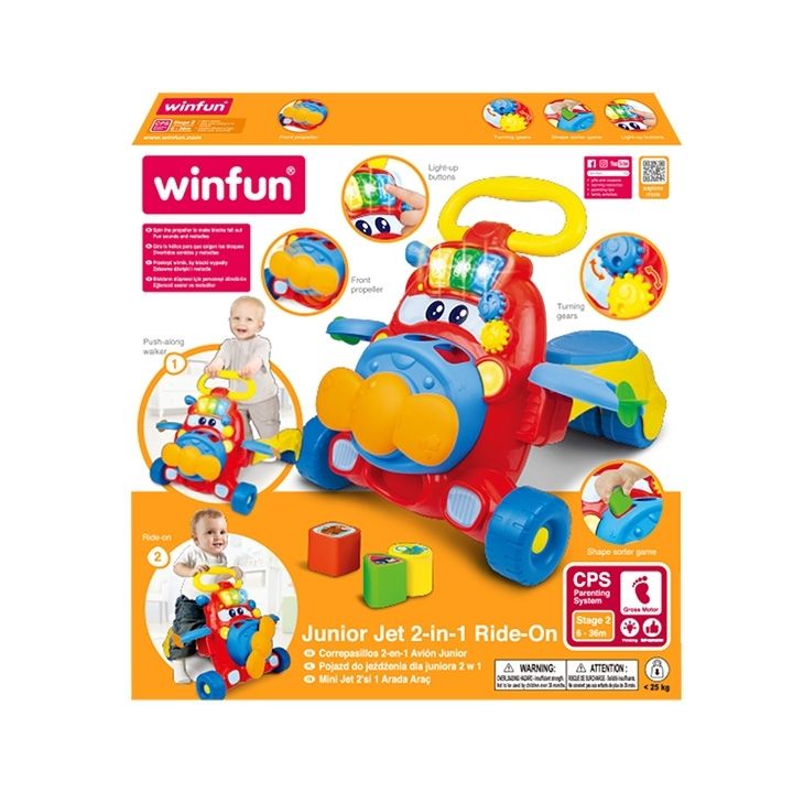 Winfun Junior Jet 2-in-1 Ride-On and Walker Toy for Babies Age 6 to 36 Months with Shape Sorter, Lights, Sounds, and Propeller Fun