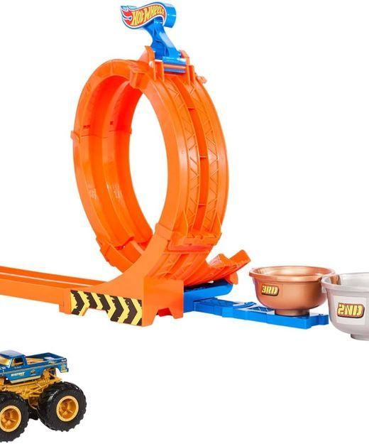 مجموعة ألعاب تحدي الكأس الدائرية والقلابة من هوت ويلز مونستر تراكس مع شاحنة بيج فوت المصبوبة بمناسبة الذكرى الخمسين، ومسار حركات بهلوانية، وأكواب الكأس، وألعاب للأطفال من سن 4 سنوات فما فوق