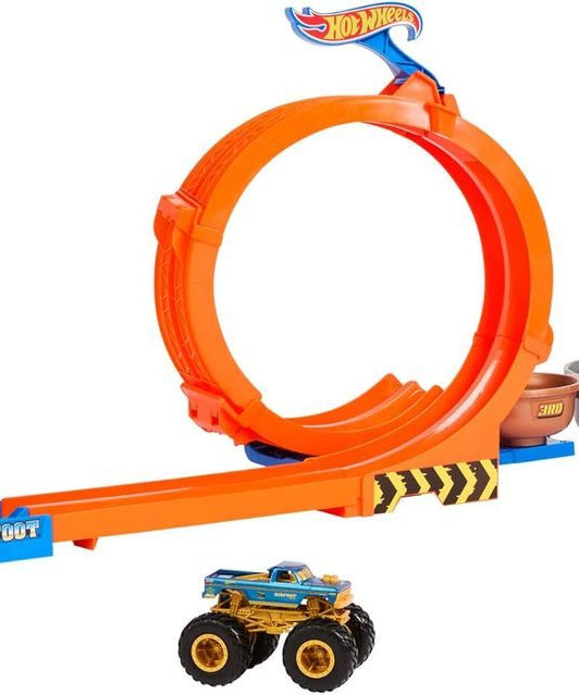 مجموعة ألعاب تحدي الكأس الدائرية والقلابة من هوت ويلز مونستر تراكس مع شاحنة بيج فوت المصبوبة بمناسبة الذكرى الخمسين، ومسار حركات بهلوانية، وأكواب الكأس، وألعاب للأطفال من سن 4 سنوات فما فوق