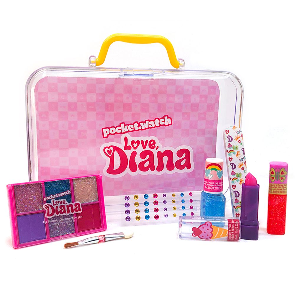 Love Diana Purse Case EU Set with Cosmetics, Nail Stickers, Lip Balm, Lip Gloss, Glitter Eyeshadow and Nail File, Pretend Play Collectible Toy for Kids Ages 4+