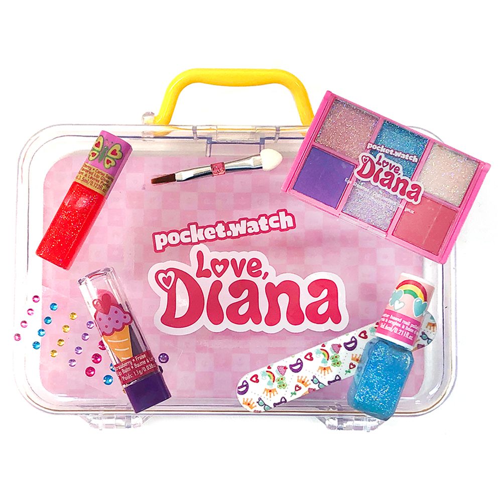 Love Diana Purse Case EU Set with Cosmetics, Nail Stickers, Lip Balm, Lip Gloss, Glitter Eyeshadow and Nail File, Pretend Play Collectible Toy for Kids Ages 4+