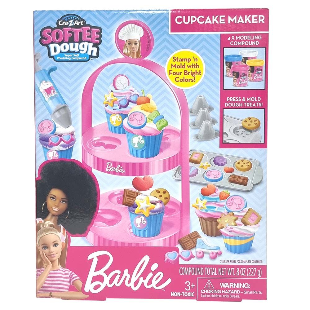 Barbie Softee Dough Cupcake Maker Kit for Kids Ages 3 and Up, DIY Playset with 4 Colors Dough, Extruder and Tiered Display for Creative Cupcake Fun