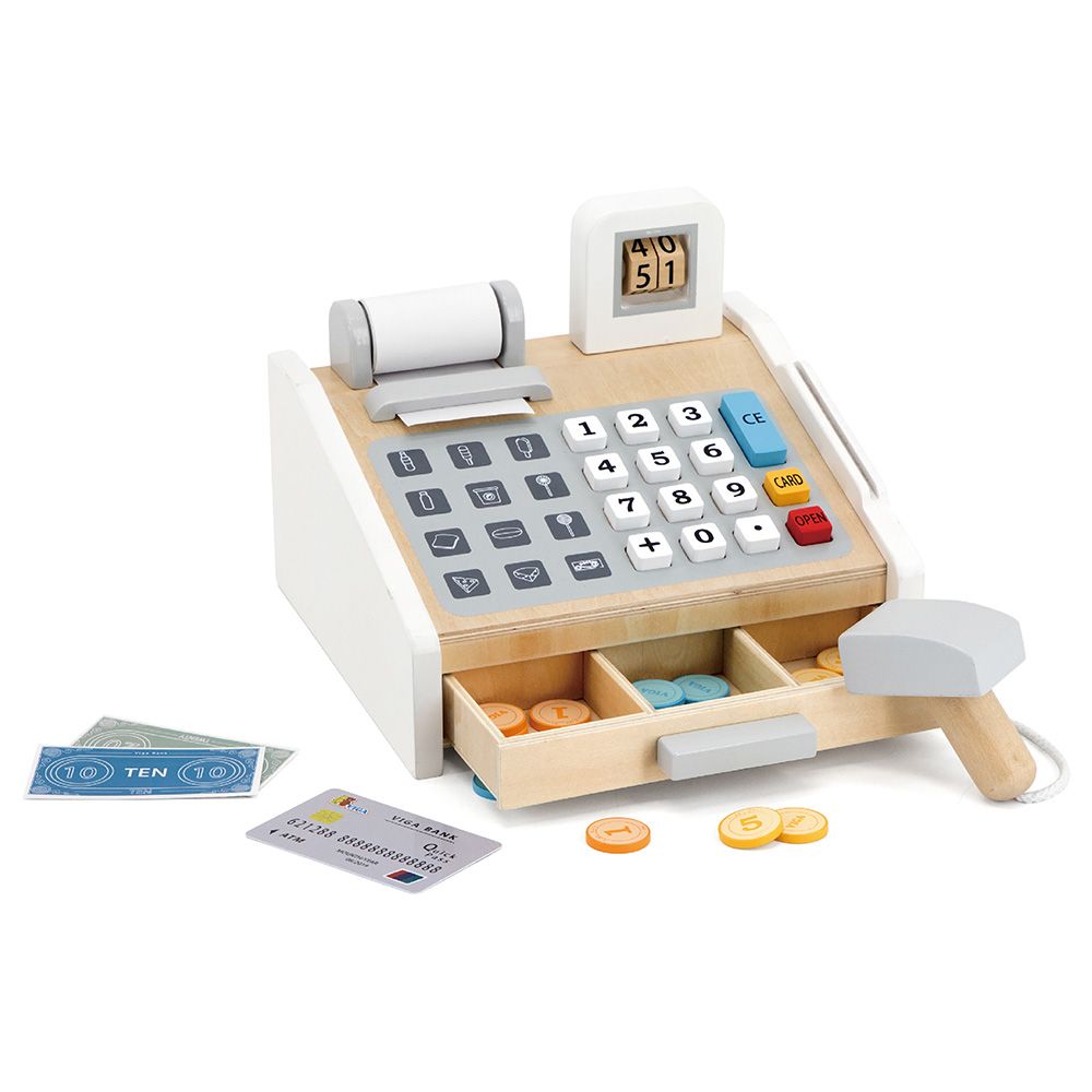 Viga Wooden Cash Register Playset with Scanner, Coins, Bills and Card Reader for Kids 3+ Role-Play Toy Multicolour