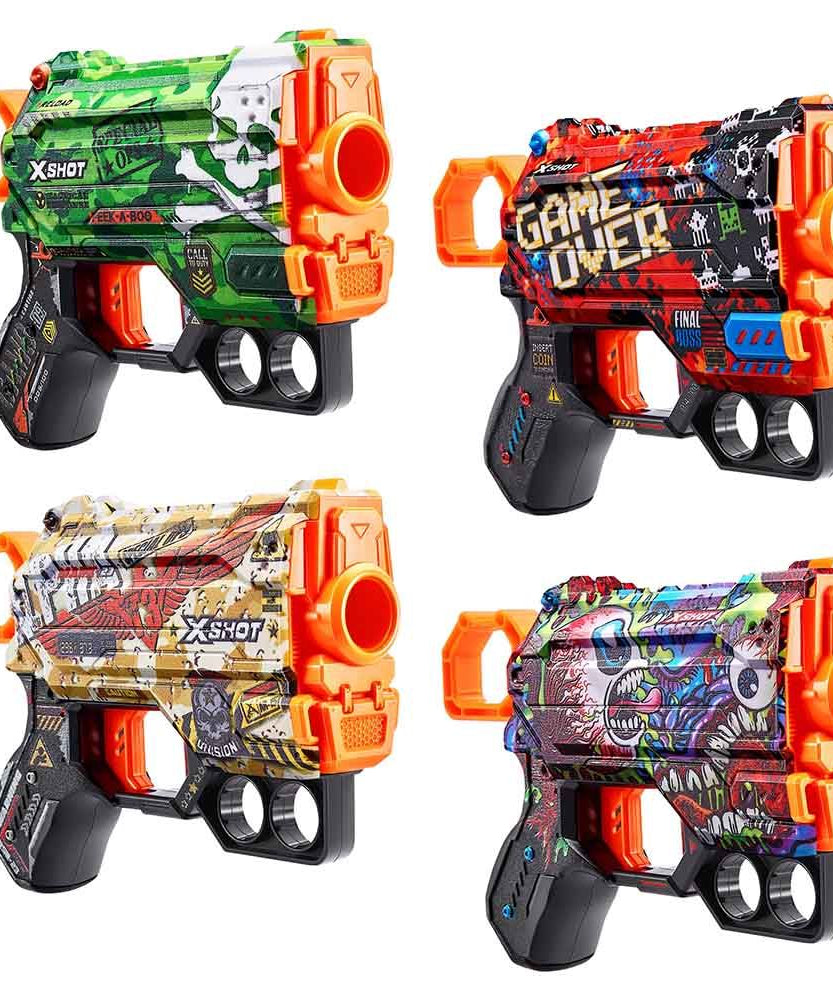 مجموعة مسدسات السهام X-Shot Skins Menace، 4 قطع، 24 سهمًا من الفوم، تقنية Air Pocket، سهم واحد + 2 سهم للتخزين، ألوان متعددة، مدى 27 شهرًا، للأعمار من 8 سنوات فما فوق