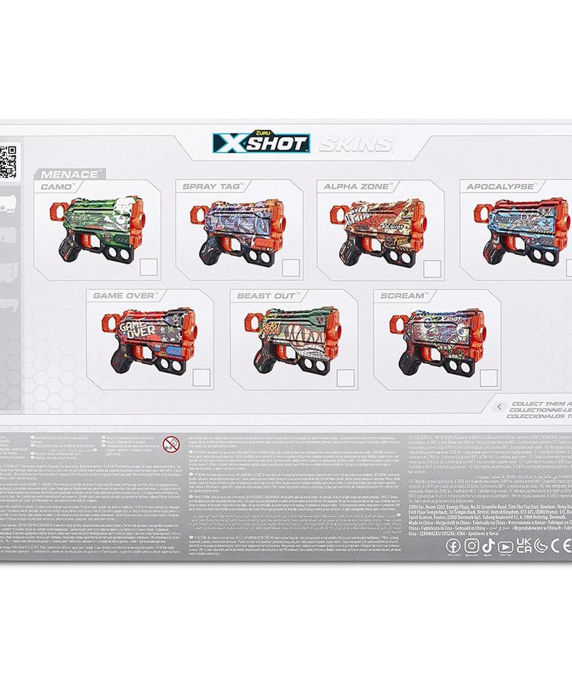 مجموعة مسدسات السهام X-Shot Skins Menace، 4 قطع، 24 سهمًا من الفوم، تقنية Air Pocket، سهم واحد + 2 سهم للتخزين، ألوان متعددة، مدى 27 شهرًا، للأعمار من 8 سنوات فما فوق