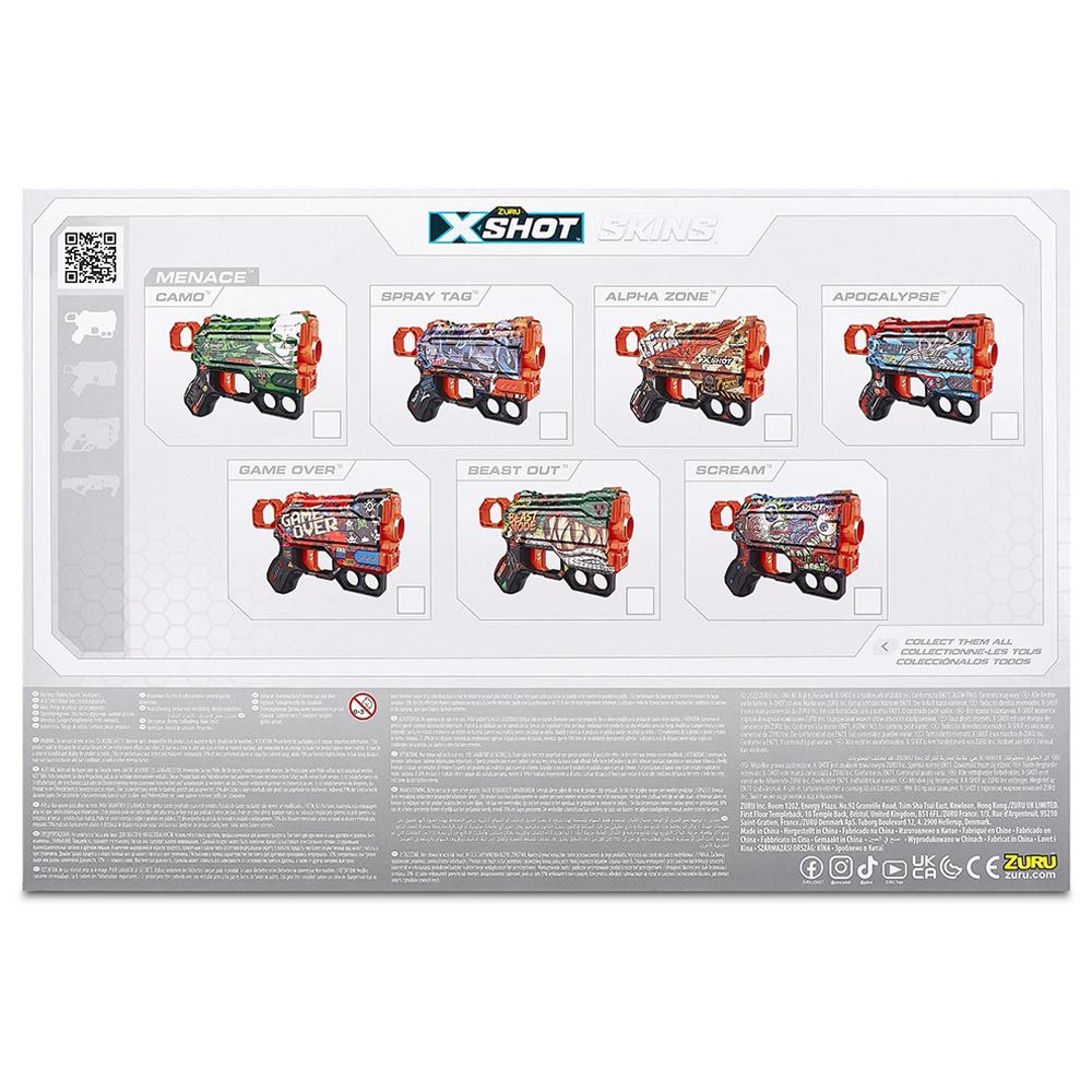 مجموعة مسدسات السهام X-Shot Skins Menace، 4 قطع، 24 سهمًا من الفوم، تقنية Air Pocket، سهم واحد + 2 سهم للتخزين، ألوان متعددة، مدى 27 شهرًا، للأعمار من 8 سنوات فما فوق