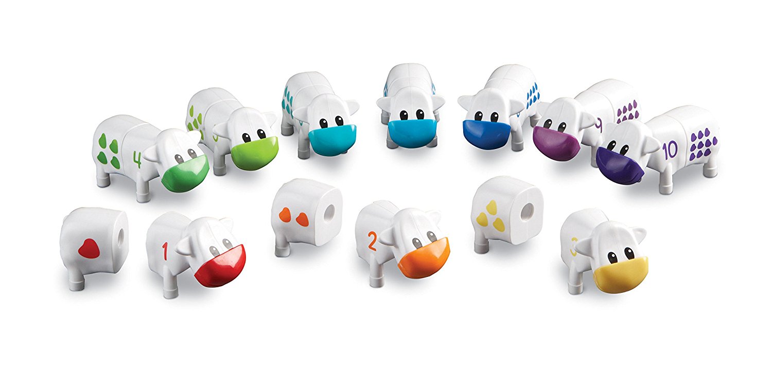 موارد التعلم Snap-n-Learn، لعبة عد الأبقار، لعبة رياضيات مبكرة للأطفال الصغار مع مطابقة الأرقام والأشكال، 10 أبقار ملونة من قطعتين مع حوض تخزين، للأعمار من سنتين فما فوق