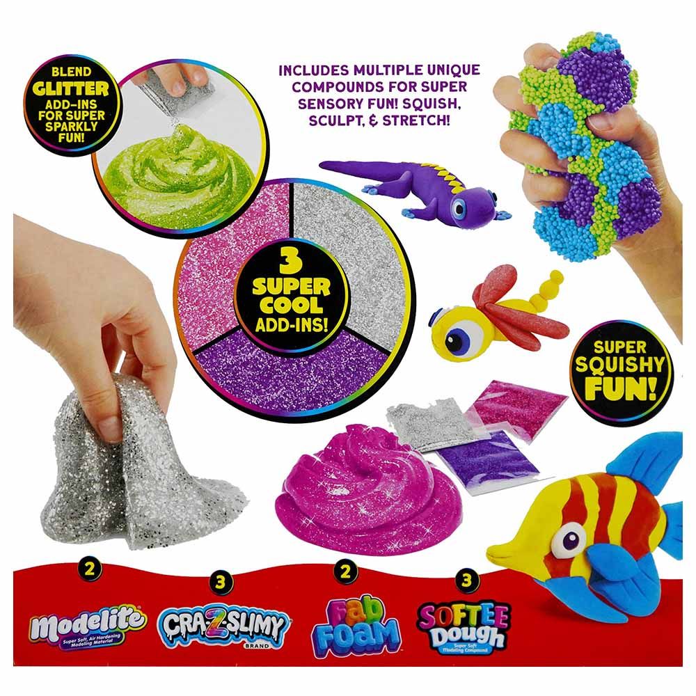 CraZart Cra-Z-Compounds Small Pack CA-60067, 4 Sensory Compounds Slimy + Fab Foam + Softee Dough + Modelite, Glitter Fun, Creative Play for Kids 3+