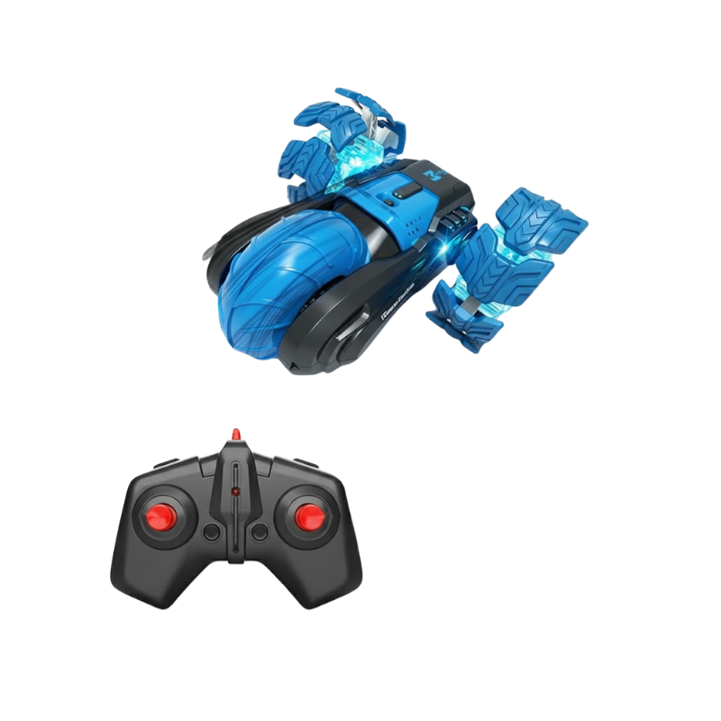 Craze Wheels 2-in-1 Stunt Double Sided Three Wheeled Remote Control Car with LED Lights – 2.4GHz RC Tricycle Drift & Deformation Car for Kids – Blue