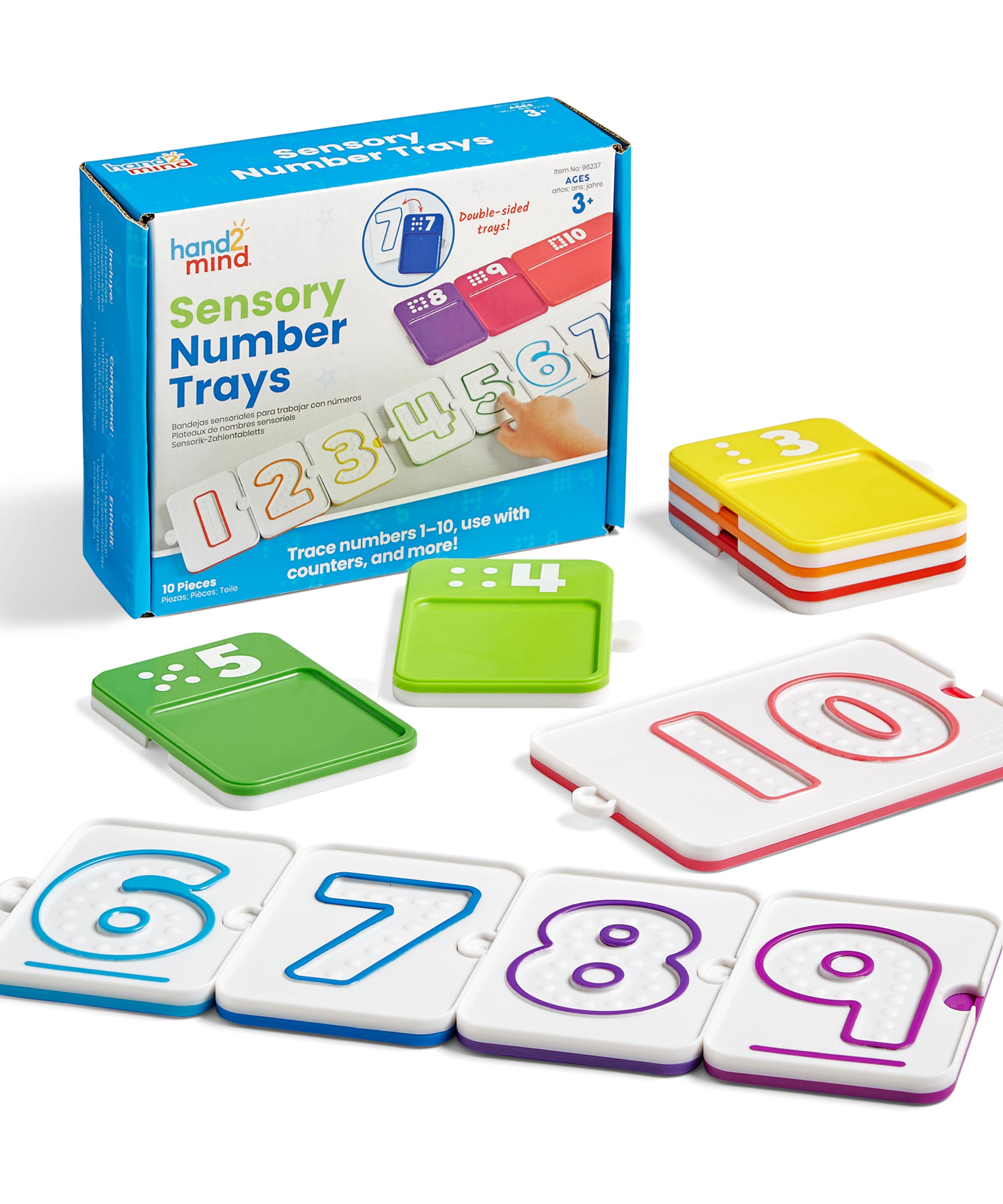 صواني الأرقام الحسية من Learning Resources، 10 ألواح تتبع الأصابع ذات الوجهين للعد وتكوين الأرقام، مصنوعة من البلاستيك المعاد تدويره، مناسبة للأعمار من 3 سنوات فما فوق
