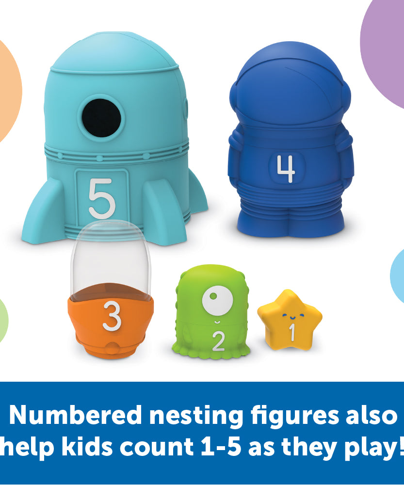 مجموعة ألعاب Nesting Space Surprise من Learning Resources، وهي مجموعة ألعاب Nesting مرقمة مع صاروخ ورائد فضاء والمزيد، وهي لعبة لتطوير المهارات الحركية الدقيقة والعد للأطفال الصغار من سن 18 شهرًا فما فوق