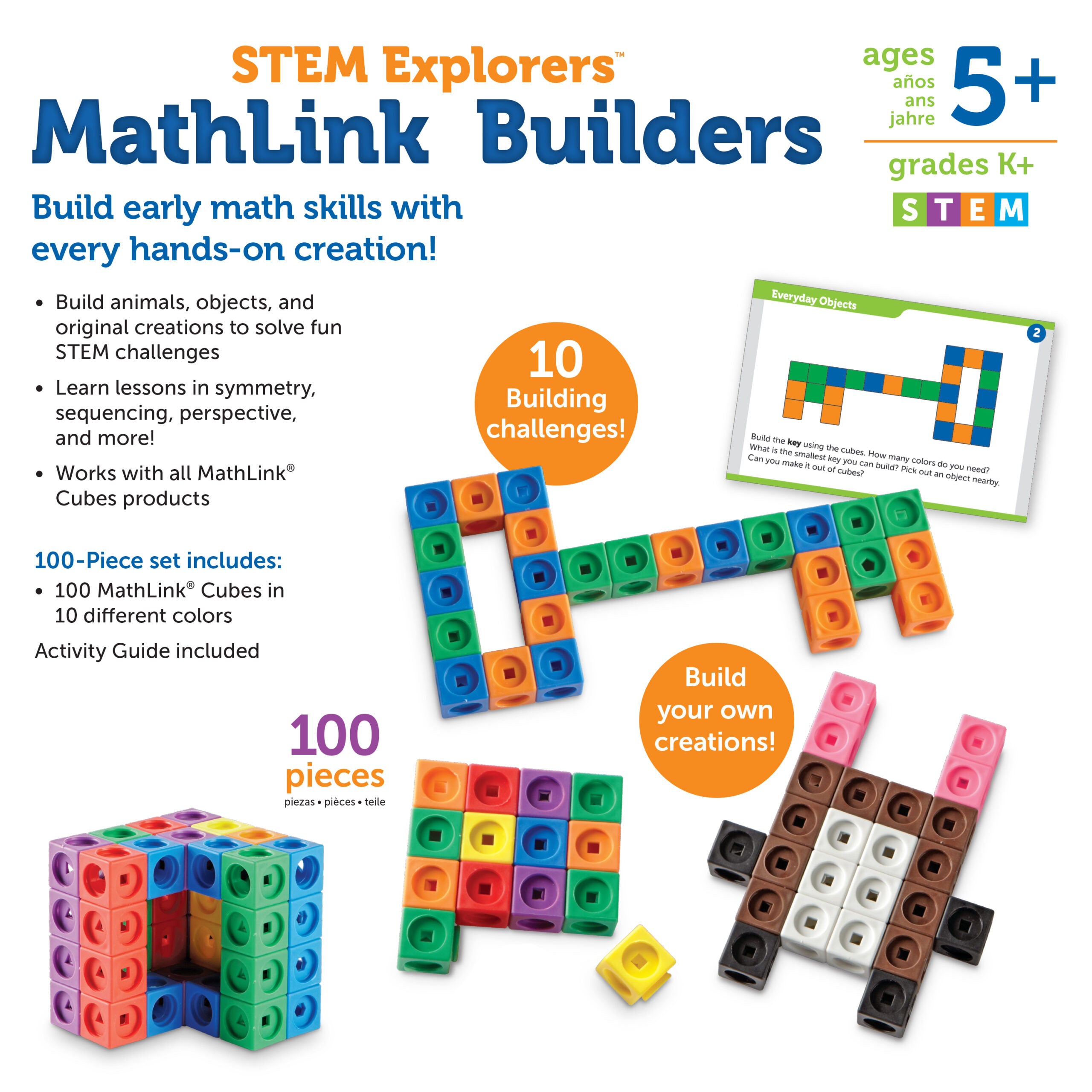 لعبة العد التعليمية MathLink Cubes من Learning Resources، مجموعة بناء STEM مع 100 مكعب و10 تحديات، تُعلّم الرياضيات المبكرة ومهارات حل المشكلات، للأعمار من 5 سنوات فما فوق