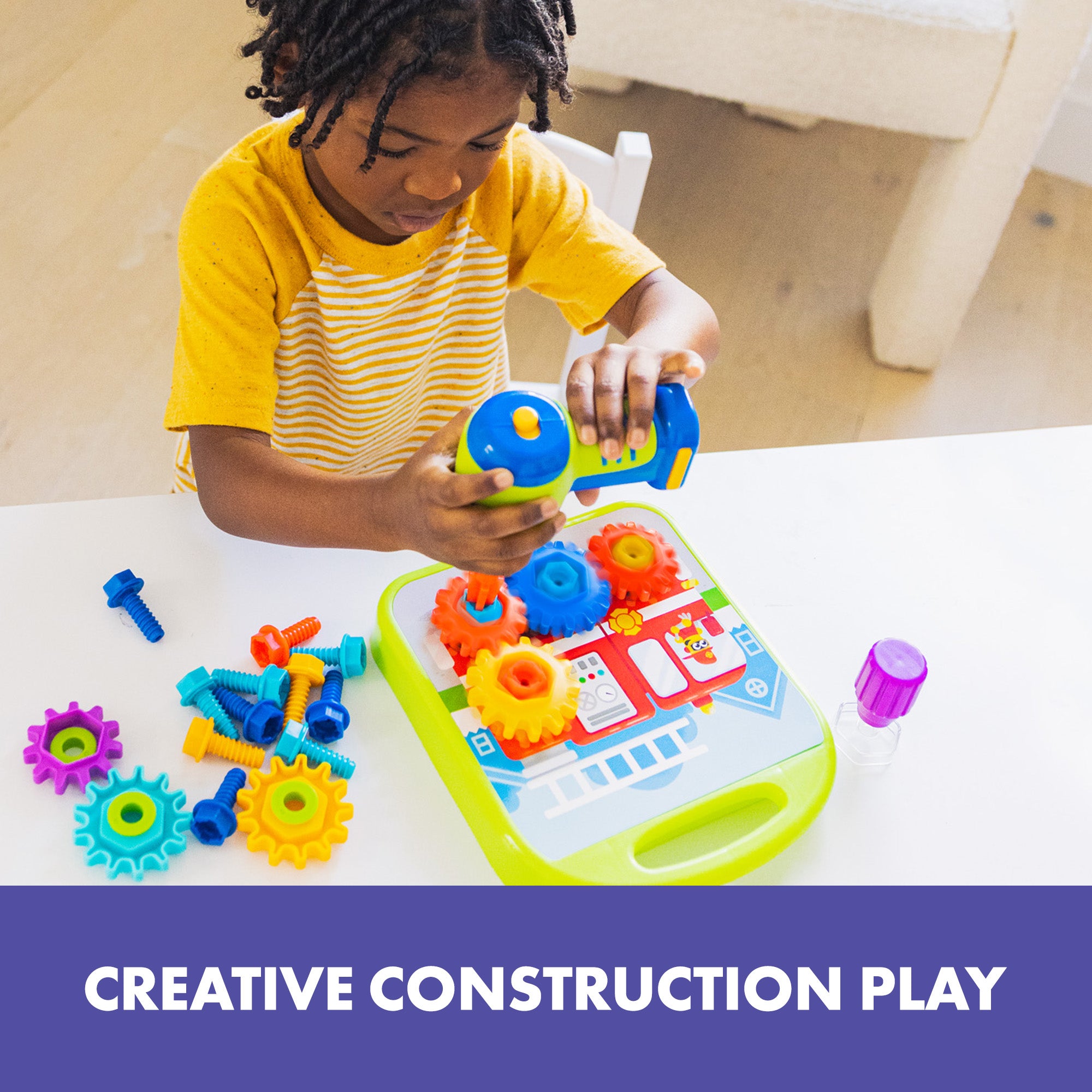 ورشة عمل تصميم وتروس الحفر من Learning Resources، لعبة بناء STEM مع مثقاب كهربائي، وتروس، ومسامير، ولوحة أنشطة، تُنمي المهارات الحركية الدقيقة والمفاهيم الهندسية المبكرة، للأعمار من 3 سنوات فما فوق