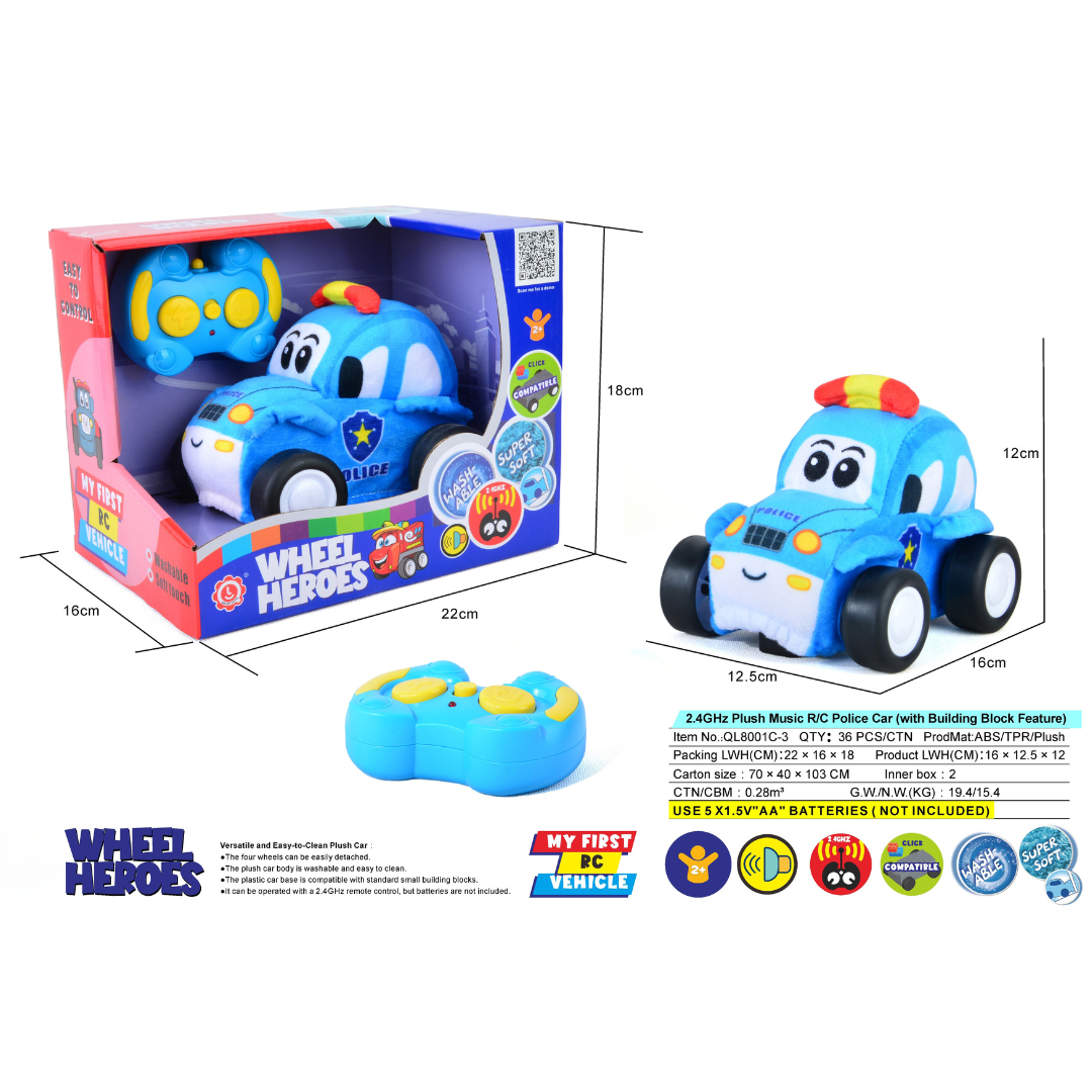 Police Plush Car, Soft Remote Control Toy with Lights and Sounds, Exciting Playtime Gift for Boys Aged 3+