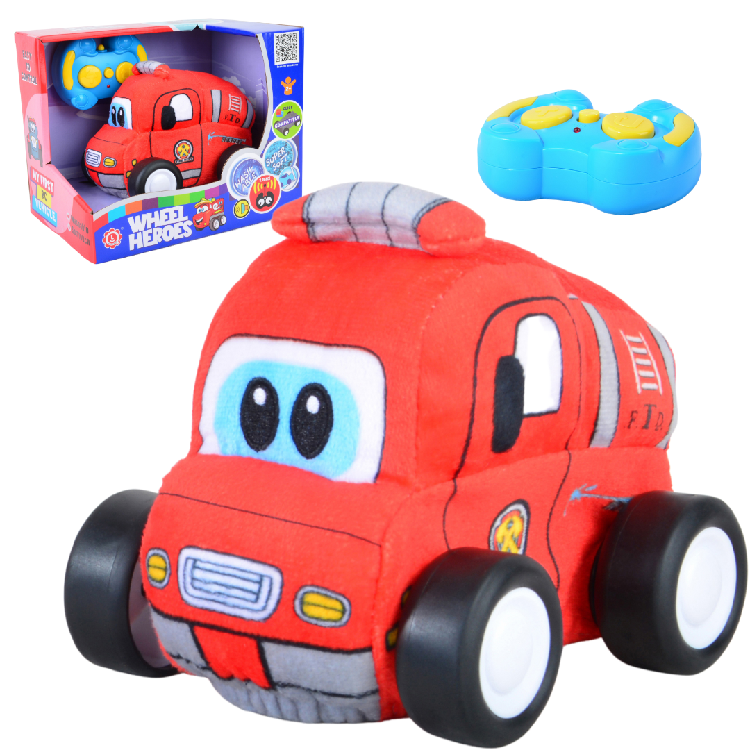 Fire Plush Car, Soft Remote Control Toy with Lights and Sounds, Fun Rescue Vehicle Gift for Boys Aged 3+