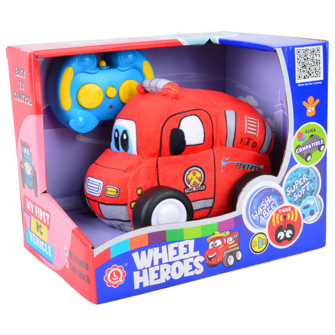 Fire Plush Car, Soft Remote Control Toy with Lights and Sounds, Fun Rescue Vehicle Gift for Boys Aged 3+
