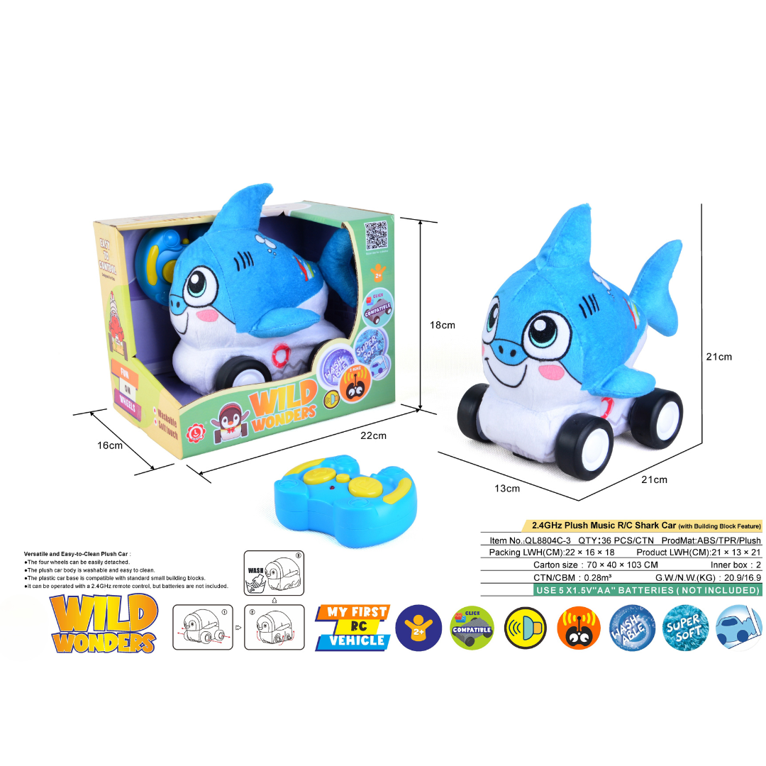 Shark Plush Car, Soft Remote Control Toy with Lights and Sounds, Cool Ocean Adventure Gift for Boys Aged 3+