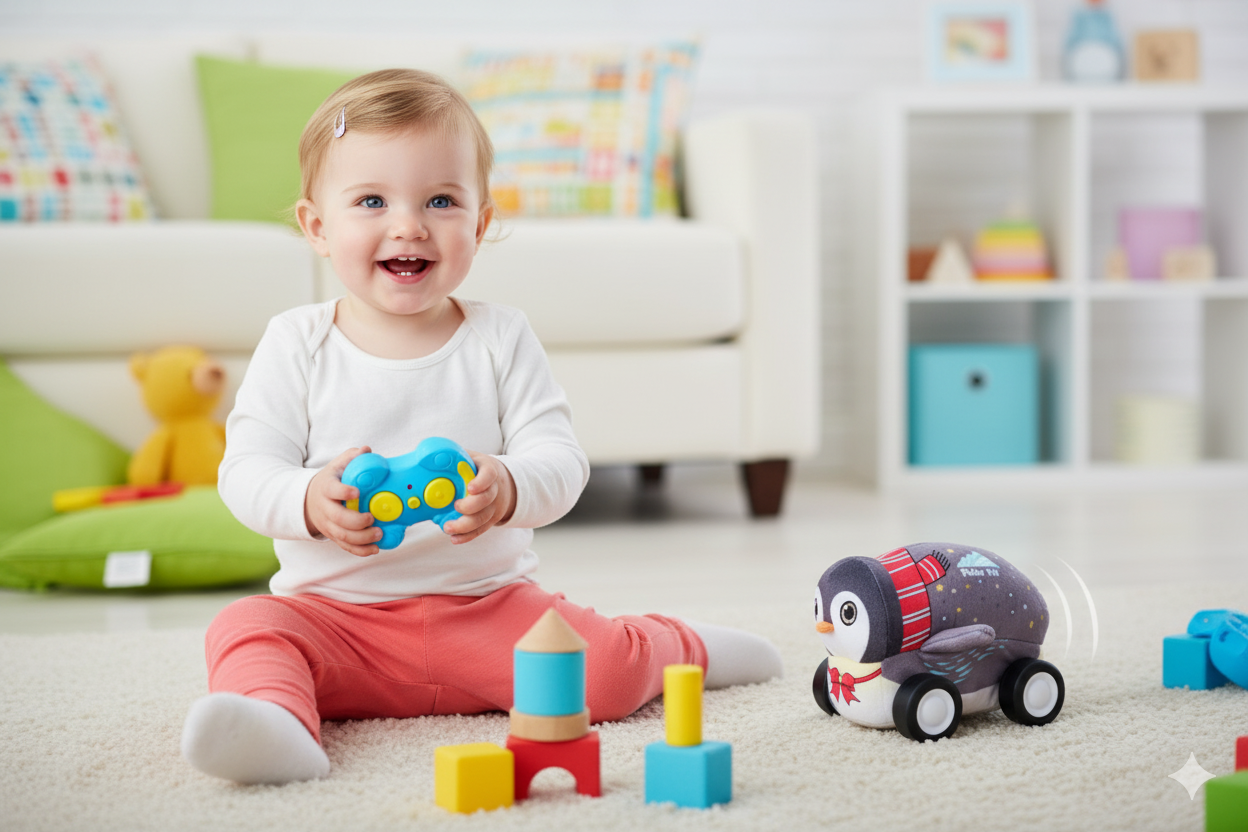 Penguin Plush Car, Soft Remote Control Toy with Lights and Sounds, Winter Fun Gift for Boys and Girls Aged 3+