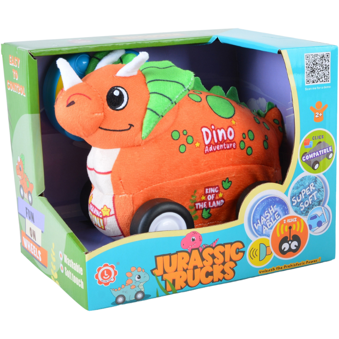 Triceratops Plush Car, Dinosaur Remote Control Toy with Lights and Sounds, Fun Prehistoric Gift for Boys Aged 3+