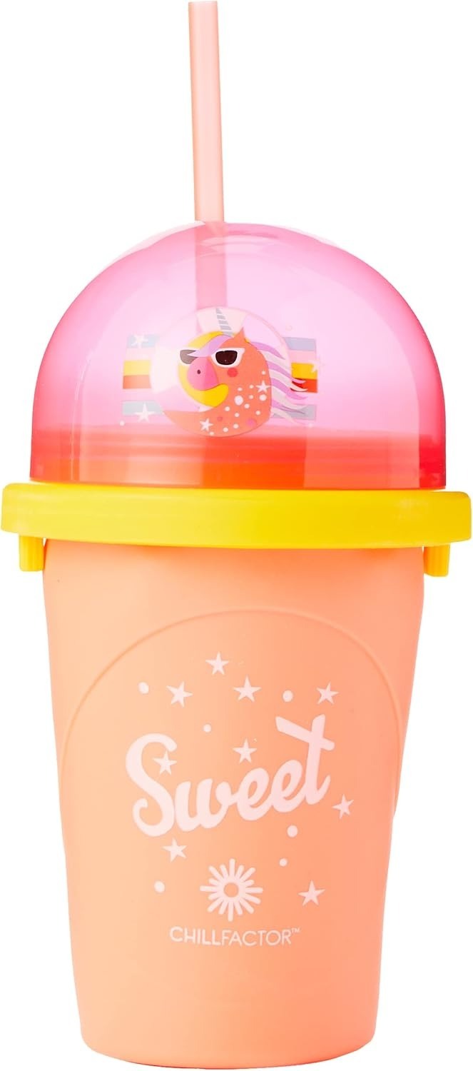 Chillfactor Slushy Maker 300ml Pink Reusable Slushie Cup with Spoonstraw Make Frozen Drinks Instantly No Blender or Ice Kids Ages 3+