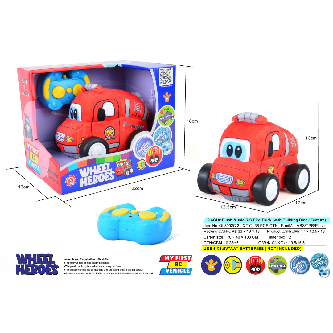 Fire Plush Car, Soft Remote Control Toy with Lights and Sounds, Fun Rescue Vehicle Gift for Boys Aged 3+