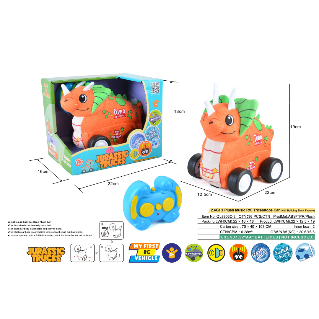 Triceratops Plush Car, Dinosaur Remote Control Toy with Lights and Sounds, Fun Prehistoric Gift for Boys Aged 3+