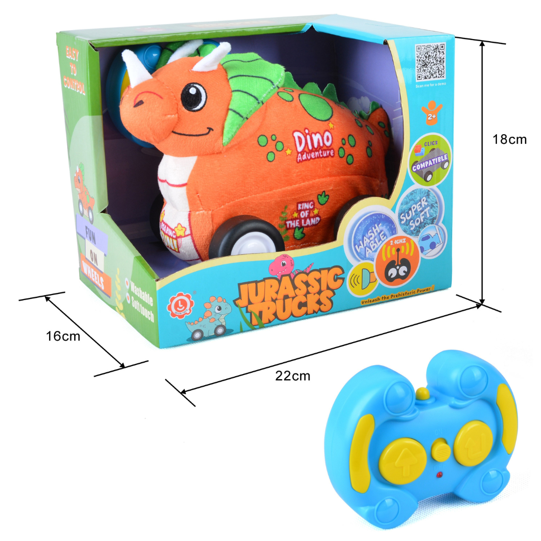 Triceratops Plush Car, Dinosaur Remote Control Toy with Lights and Sounds, Fun Prehistoric Gift for Boys Aged 3+
