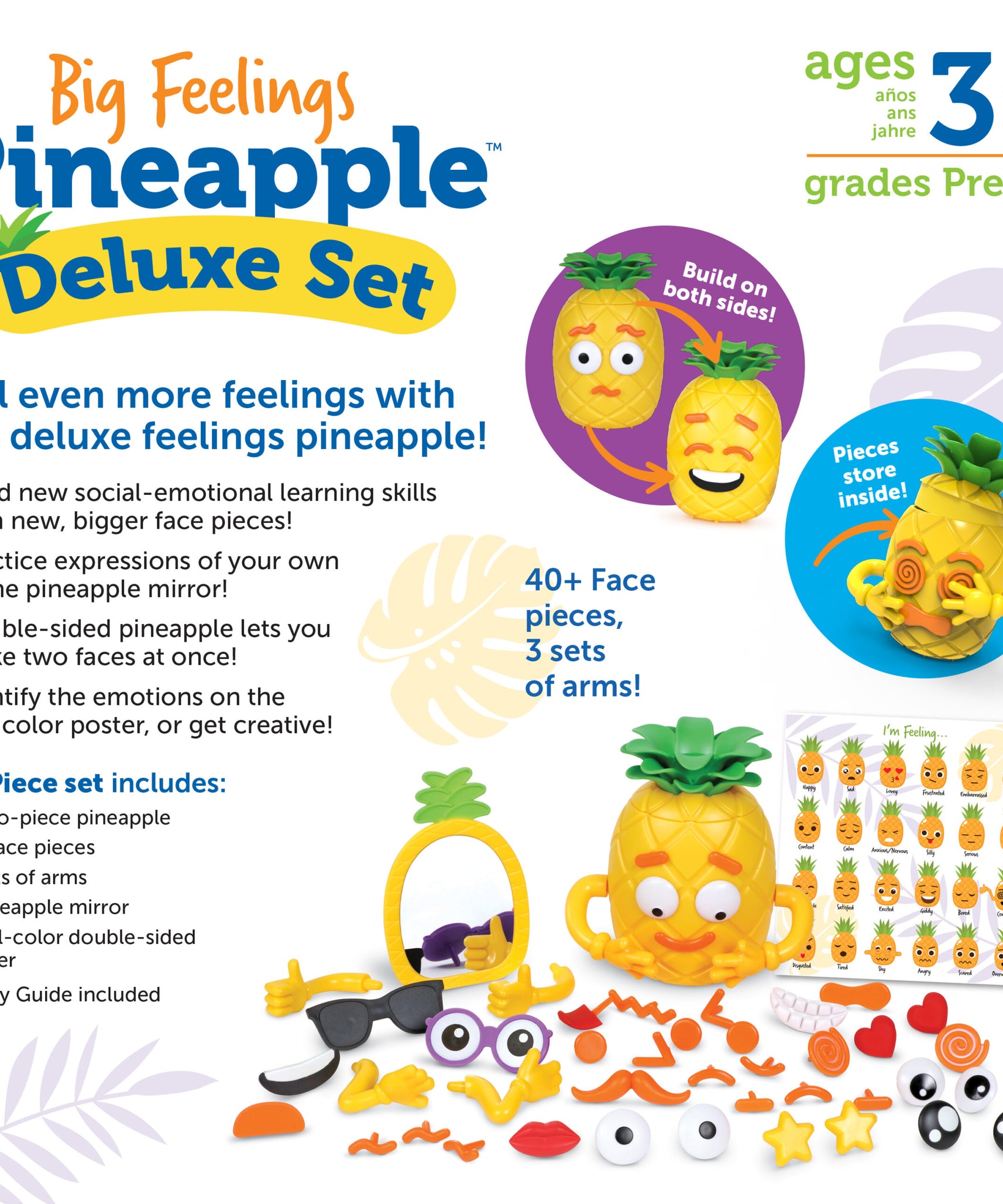 مجموعة Big Feelings Pineapple Deluxe من Learning Resources، لعبة تعليمية اجتماعية وعاطفية للأطفال، مجموعة أنشطة SEL مكونة من 50 قطعة مع أناناس مزدوج الوجهين وقطع للوجه ومرآة، للأعمار من 3 سنوات فما فوق