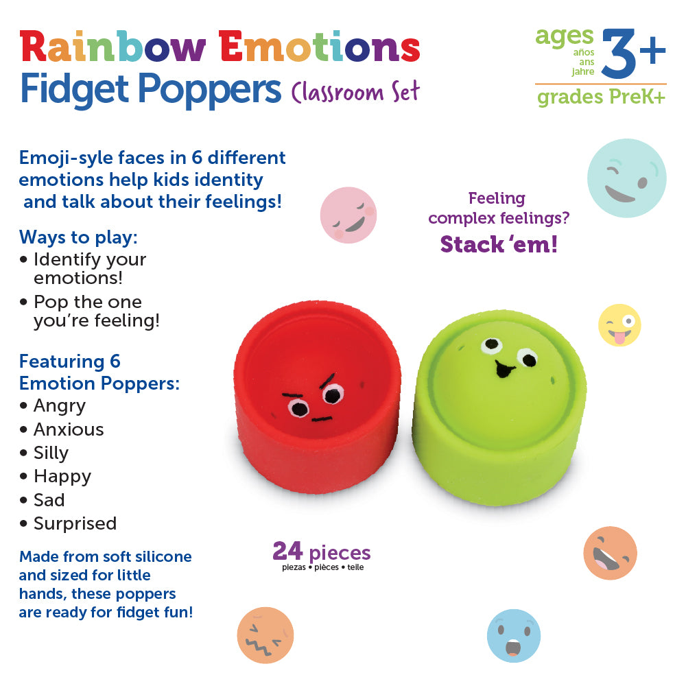 مجموعة أدوات فيدجيت بوبرز من مجموعة Rainbow Emotions من Learning Resources، مكونة من 24 أداة حسية قابلة للتكديس مع وجوه تعبيرية، تتضمن وعاء تخزين، مناسبة للأعمار من 3 سنوات فما فوق