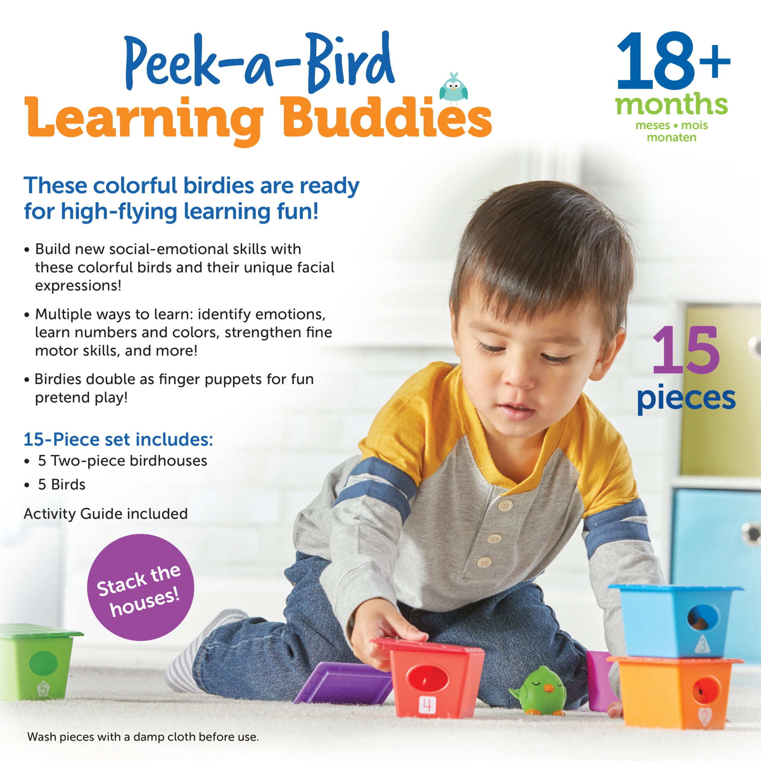 موارد التعلم Peek-a-Bird Learning Buddies، لعبة تعليمية للأطفال الصغار تحتوي على 5 دمى أصابع للطيور وبيوت طيور مرقمة، تُعلّم الألوان والعد والعواطف والمهارات الحركية الدقيقة، للأعمار من 18 شهرًا فما فوق