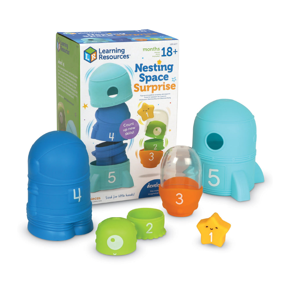 مجموعة ألعاب Nesting Space Surprise من Learning Resources، وهي مجموعة ألعاب Nesting مرقمة مع صاروخ ورائد فضاء والمزيد، وهي لعبة لتطوير المهارات الحركية الدقيقة والعد للأطفال الصغار من سن 18 شهرًا فما فوق