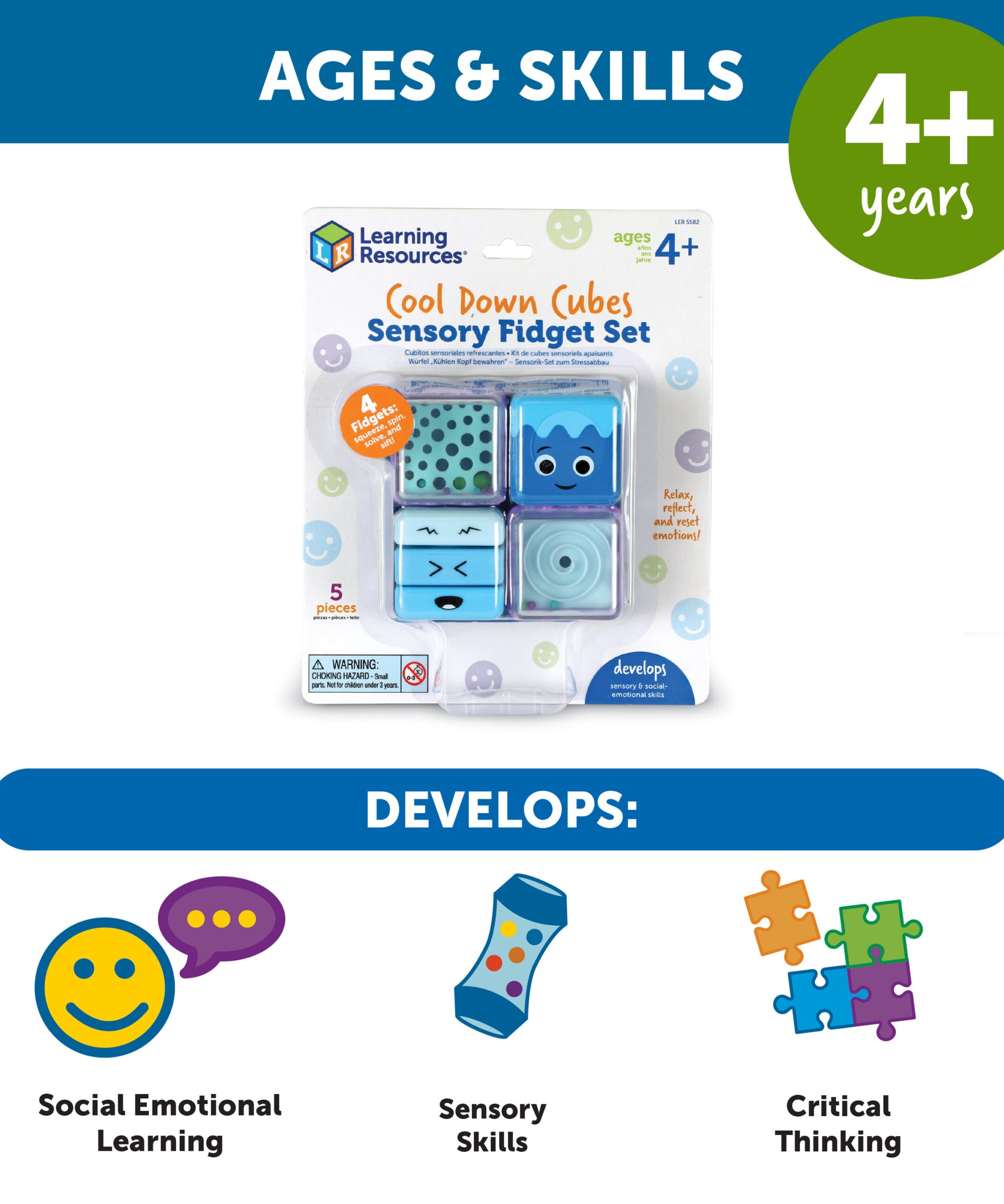 مجموعة مكعبات حسية لتهدئة الأطفال من Learning Resources، مكونة من 4 ألعاب فيدجيت مهدئة مع صينية لتنظيم المشاعر والتركيز، مناسبة للأعمار من 4 سنوات فما فوق