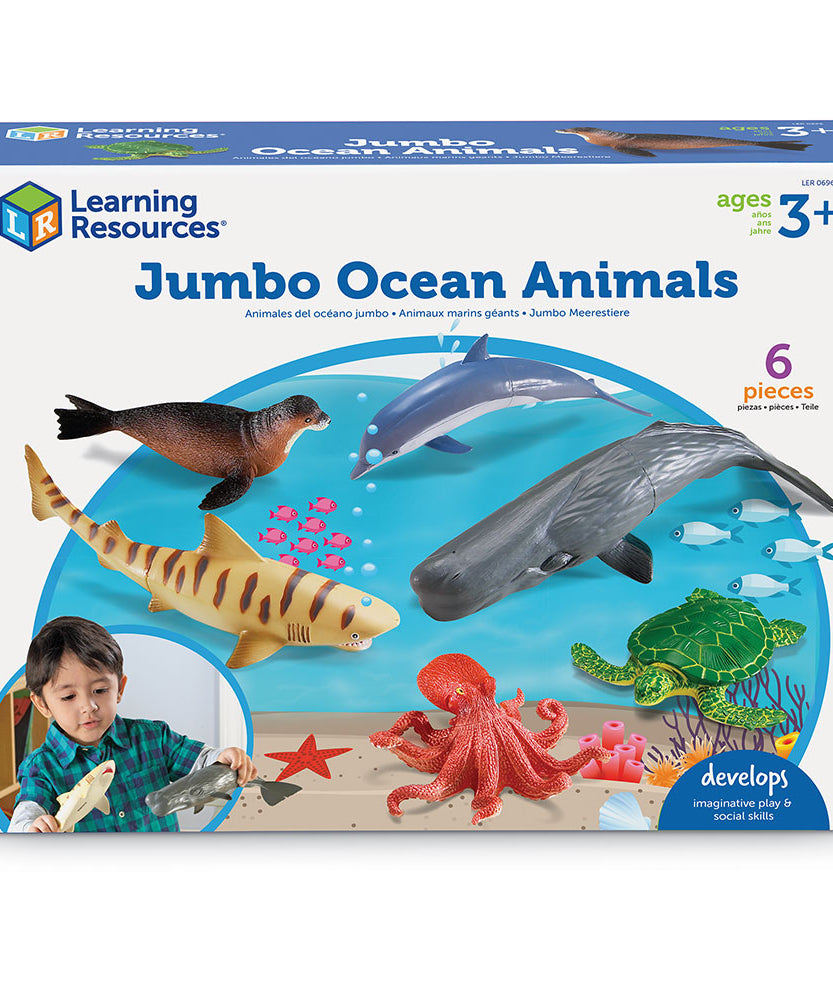 مجموعة حيوانات المحيط جامبو من Learning Resources، مكونة من 6 شخصيات حيوانات بحرية واقعية للعب الخيالي والتعلم العلمي المبكر، ألعاب بلاستيكية متينة مع صندوق تخزين، للأعمار من سنتين فما فوق