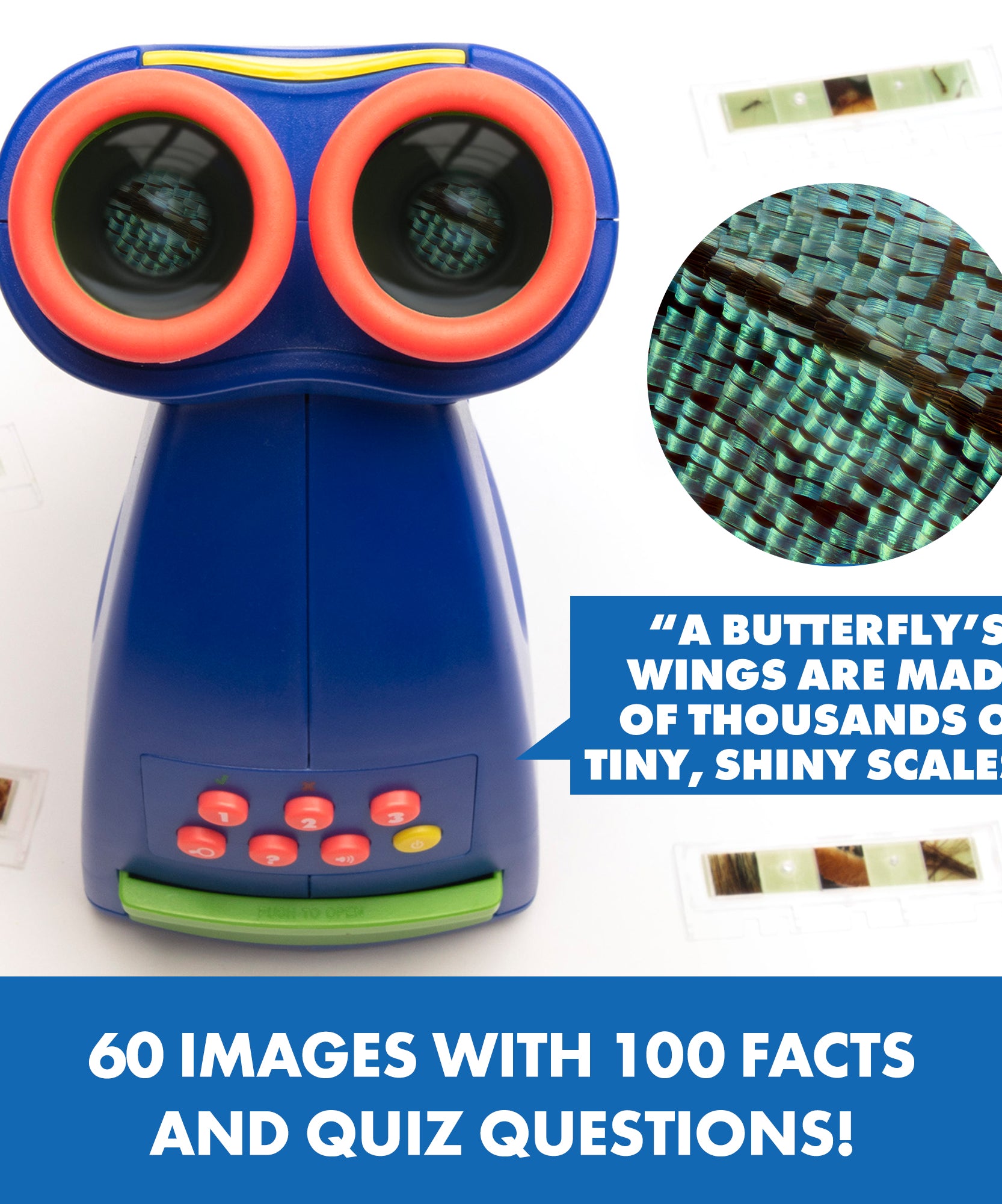 موارد التعلم: مجهر ناطق GeoSafari، مجهر عملي حقيقي مناسب للأطفال بصوت بيندي إروين، ٢٠ شريحة مُعدّة مسبقًا، صوت متعدد اللغات، مناسب للأعمار من ٤ سنوات فما فوق