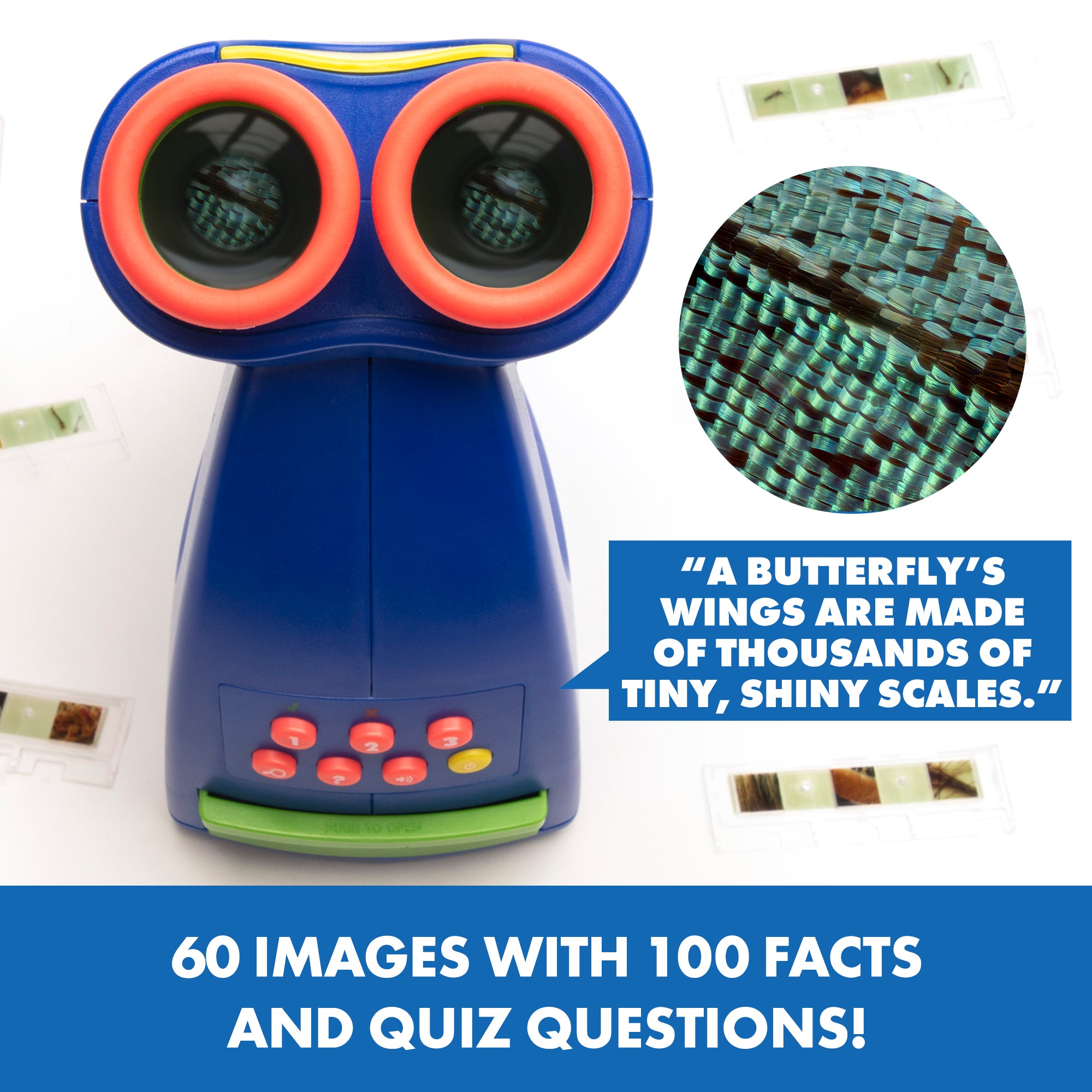 موارد التعلم: مجهر ناطق GeoSafari، مجهر عملي حقيقي مناسب للأطفال بصوت بيندي إروين، ٢٠ شريحة مُعدّة مسبقًا، صوت متعدد اللغات، مناسب للأعمار من ٤ سنوات فما فوق